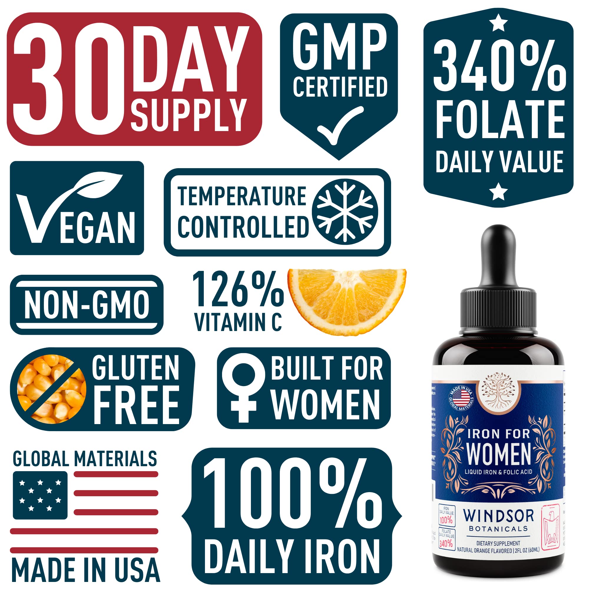 WINDSOR BOTANICALS Liquid Iron Supplement for Anemia with Folic Acid & Vitamin C - Vegan Blood Builder & Gentle Iron Drops for Women - 2 oz Orange Flavor - Supports Energy & Healthy Blood Circulation - Perfect for Pregnancy, Fatigue & Iron Deficiency