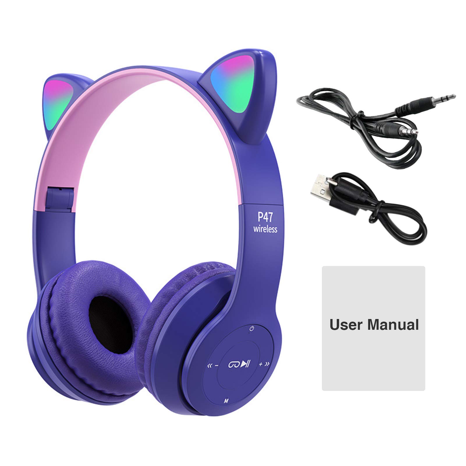 LED Cat Ear Bluetooth 5.0 Wireless Headphones with Built-in Mic & Noise Cancelling - Foldable Over-Ear Gaming Headset for Kids & Adults, Perfect for Study, Travel & Gaming (Purple)