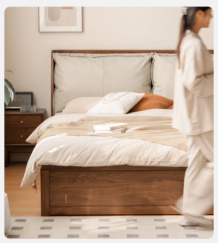 Solid Black Walnut Wood Bed with Genuine Leather Headboard - Luxury Bedroom Furniture for Master Suite, Guest Room & Modern Home Decor