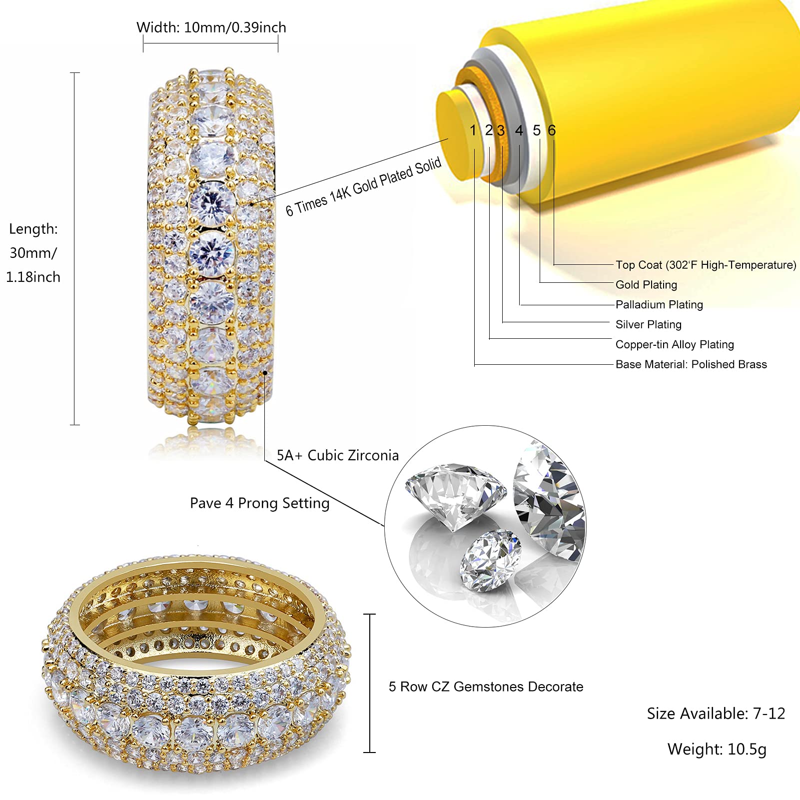 14K Gold Plated Men's Diamond Ring - 10MM Iced Out Cubic Zirconia for Anniversary & Fashion Gifts
