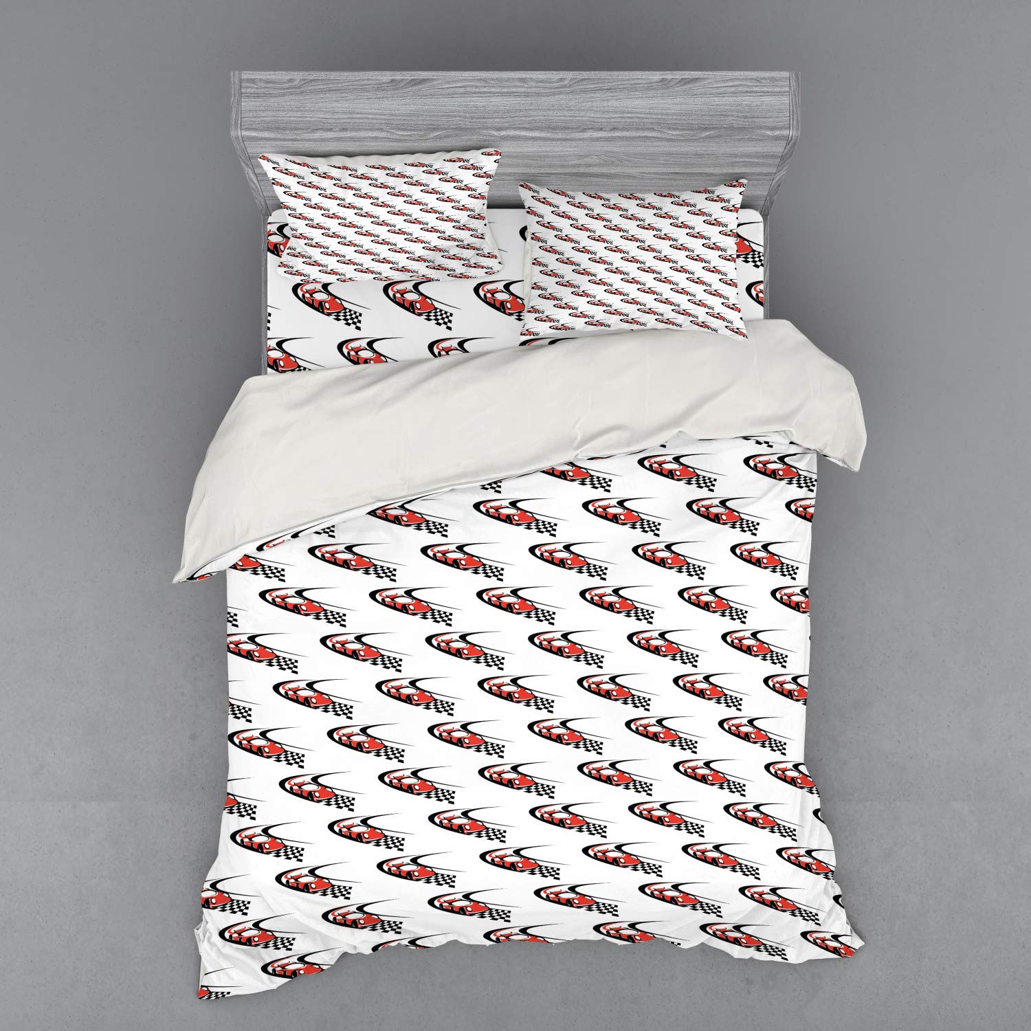 Ambesonne Racing Car Duvet Cover Set - 4 Piece Queen Size Bedding with Shams & Fitted Sheet, Scarlet Black White Formula Rally Design - Perfect for Race Car Enthusiasts' Bedrooms, Kids' Rooms, and Motorsport Themed Decor