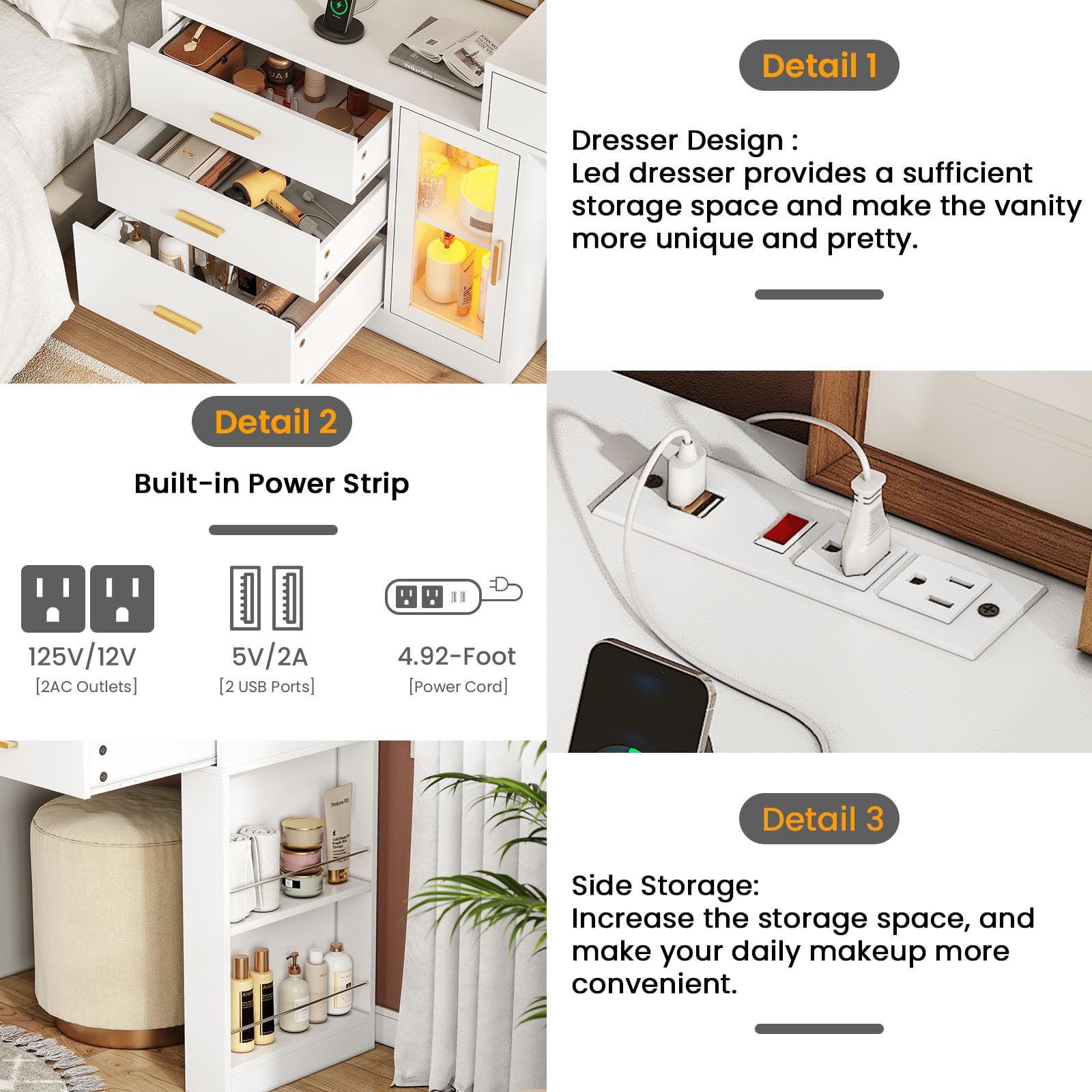 AOGLLATI White Makeup Vanity Desk with LED Mirror & Lights - 3 Drawers, 5 Storage Cabinets & USB Charging Station - 3 Adjustable Lighting Modes for Perfect Glam - Ideal for Bedroom, Dressing Room & Beauty Salon