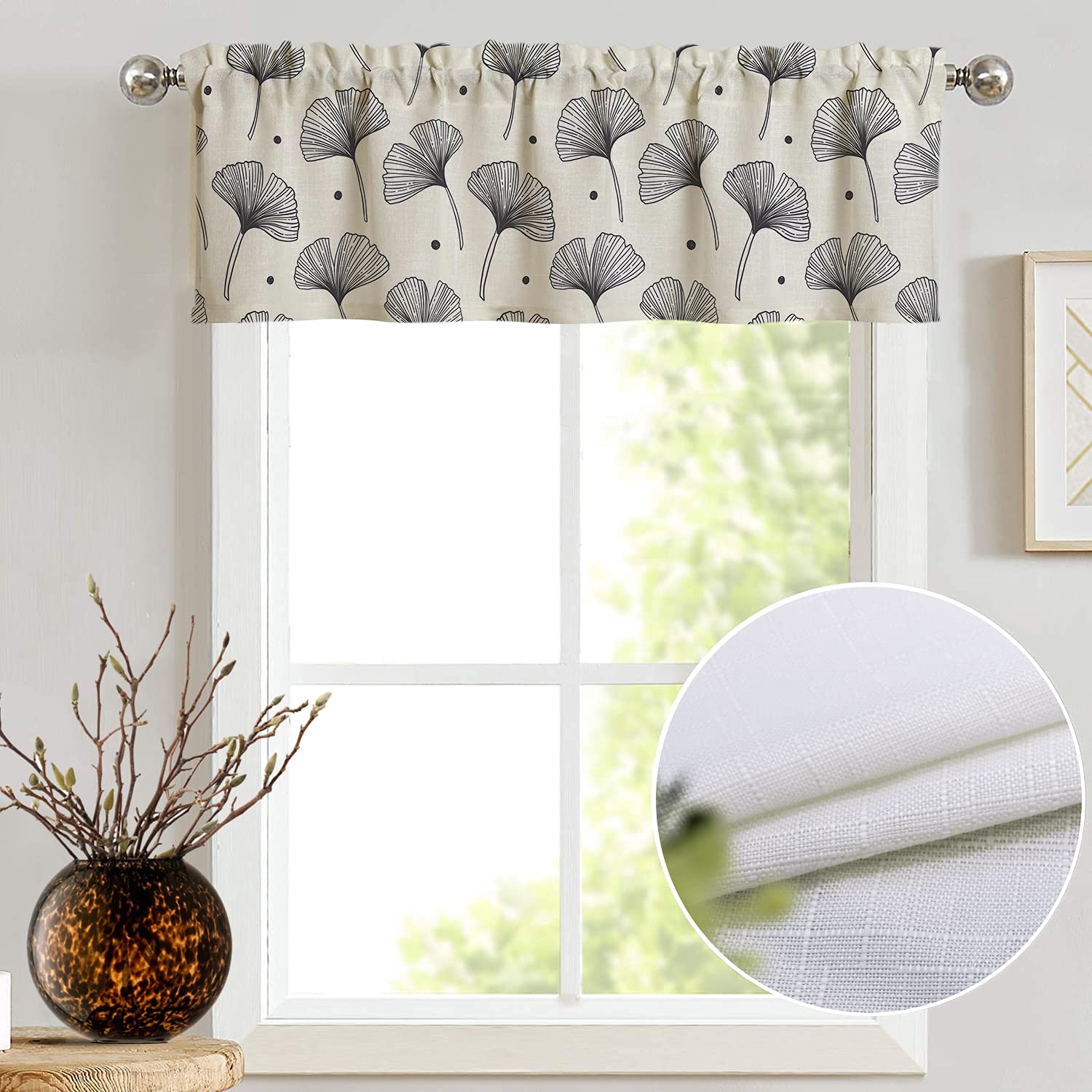 DUISE 18-inch Taupe Ginkgo Leaf Printed Valance Curtain - Kitchen, Living Room & Bathroom Window Treatment - Rod Pocket Design for Small Windows - Home Decor & Room Aesthetic Upgrade