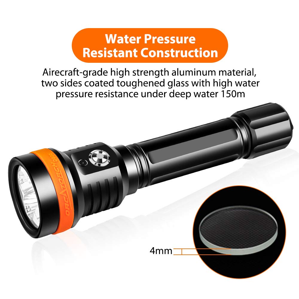 ORCATORCH D850 2500 Lumen Dive Light - 6° Narrow Beam Underwater Flashlight with 5 Super Bright LEDs & Battery Indicator - Perfect for Scuba Diving, Cave Exploration, Night Snorkeling and Underwater Photography
