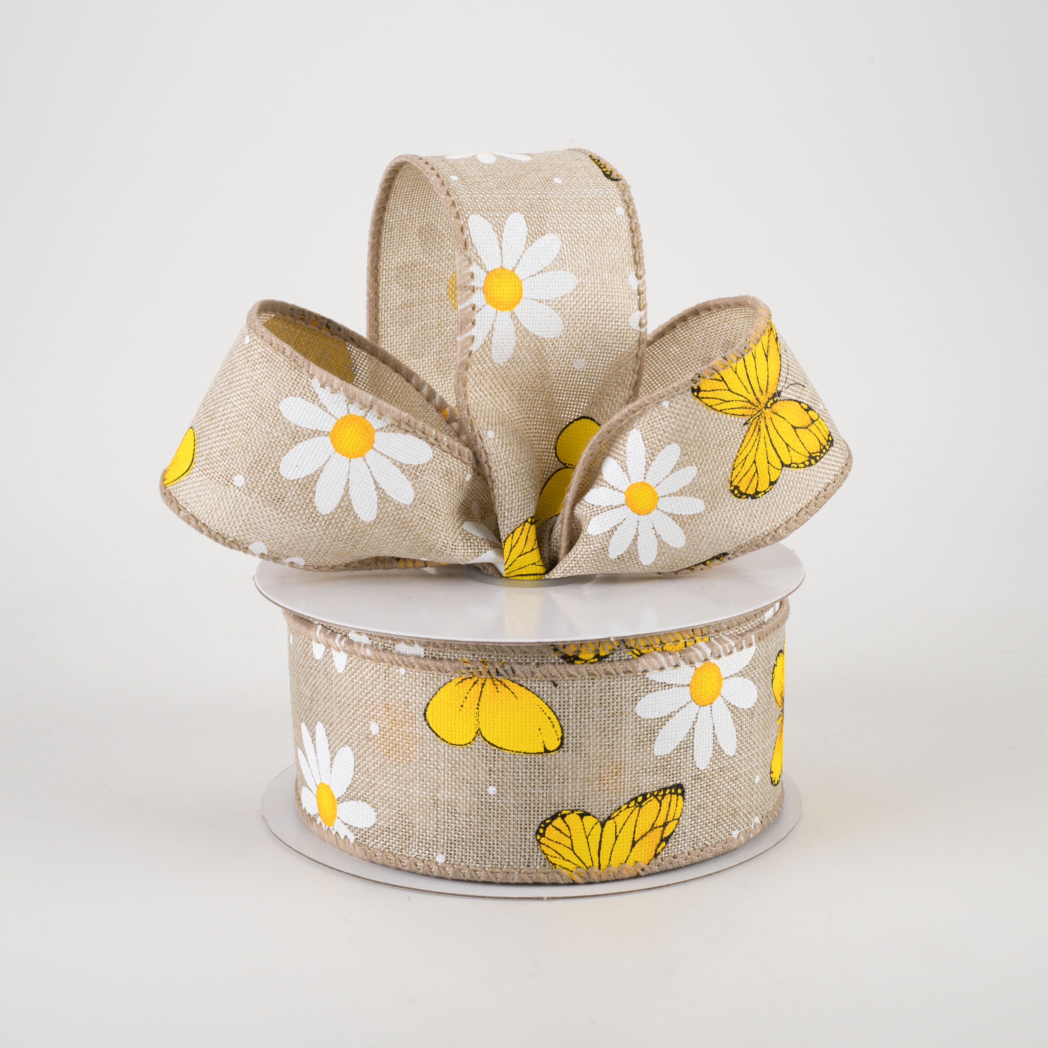 1.5 Inch Daisies & Butterflies Linen Ribbon - Natural Cotton Craft Ribbon (10 Yards) for DIY Scrapbooking, Gift Wrapping & Wedding Decorations