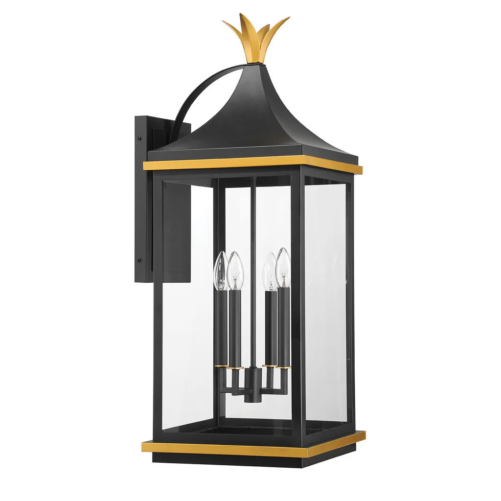 Simpson 4-Light Outdoor Wall Sconce - 12.25x31.5 Inch Matte Black Stainless Steel & Glass Fixture with Textured Gold Finish - 120V 4 E12 Candelabra Base LED Bulb Sockets - Perfect for Patio, Garden, Porch, Exterior Walls & Entryway Lighting