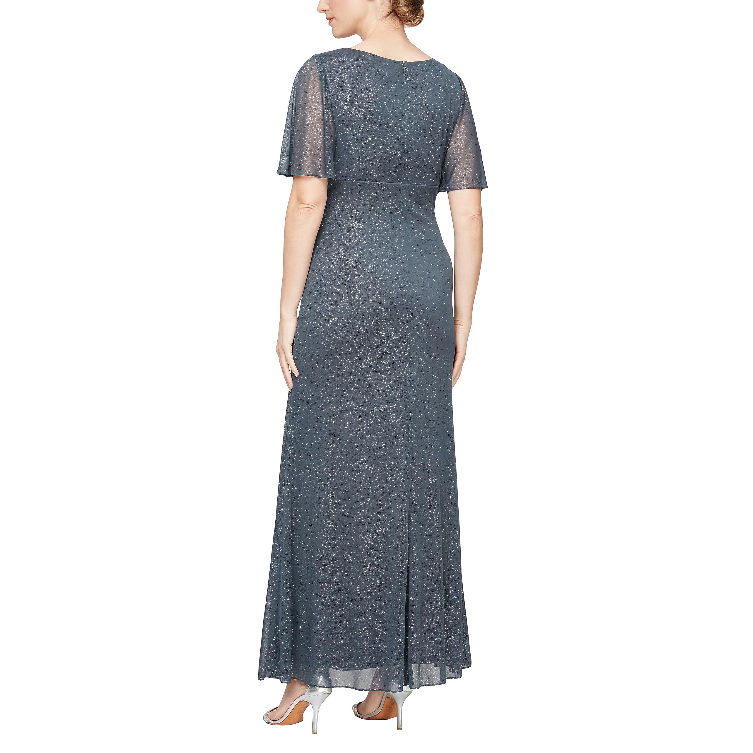 S.L. Fashions Women's Formal Long Glitter Mesh Stretch Embellished Waist Mother of Bride Dress - Petite & Regular Sizes - Perfect for Weddings, Galas & Special Occasions