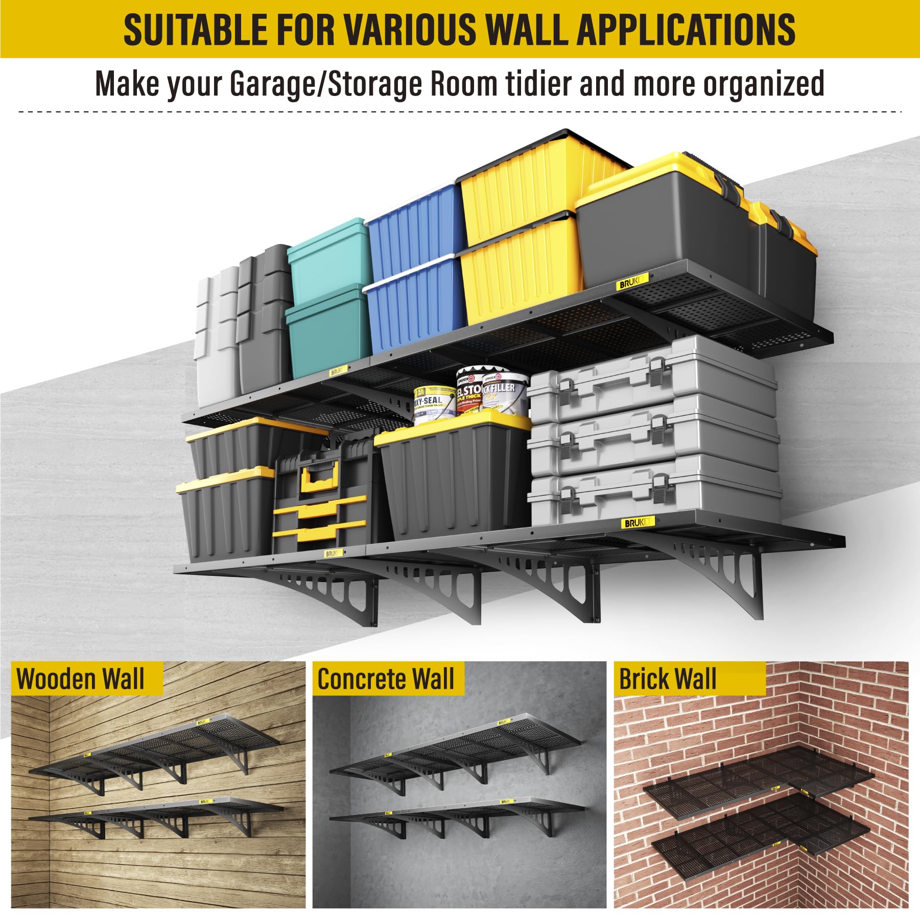 4-Pack 2x3ft Adjustable Wall Mounted Floating Shelves - Heavy Duty Garage Storage Racks for Garage, Kitchen, Living Room & Office Organization - Space Saving Wall Shelves for Home Decor & Storage (Black)