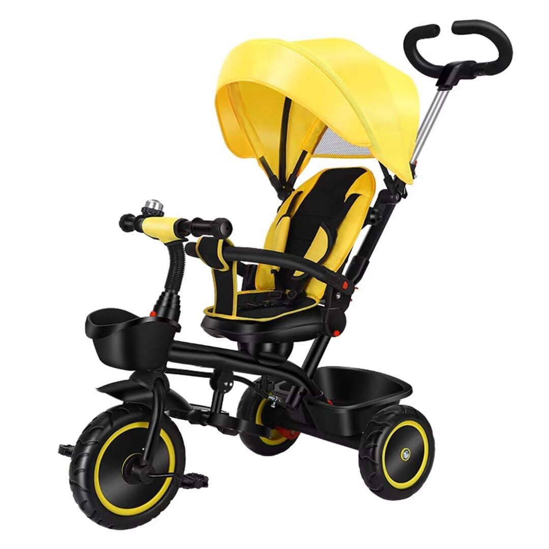 Two-Way Reversible Toddler Stroller Tricycle with Adjustable Seat, Safety Belt & Guardrail - Parent Steering Handle & Dual Rear Brakes - Black/Yellow Foam Wheels for Park Rides & Neighborhood Walks