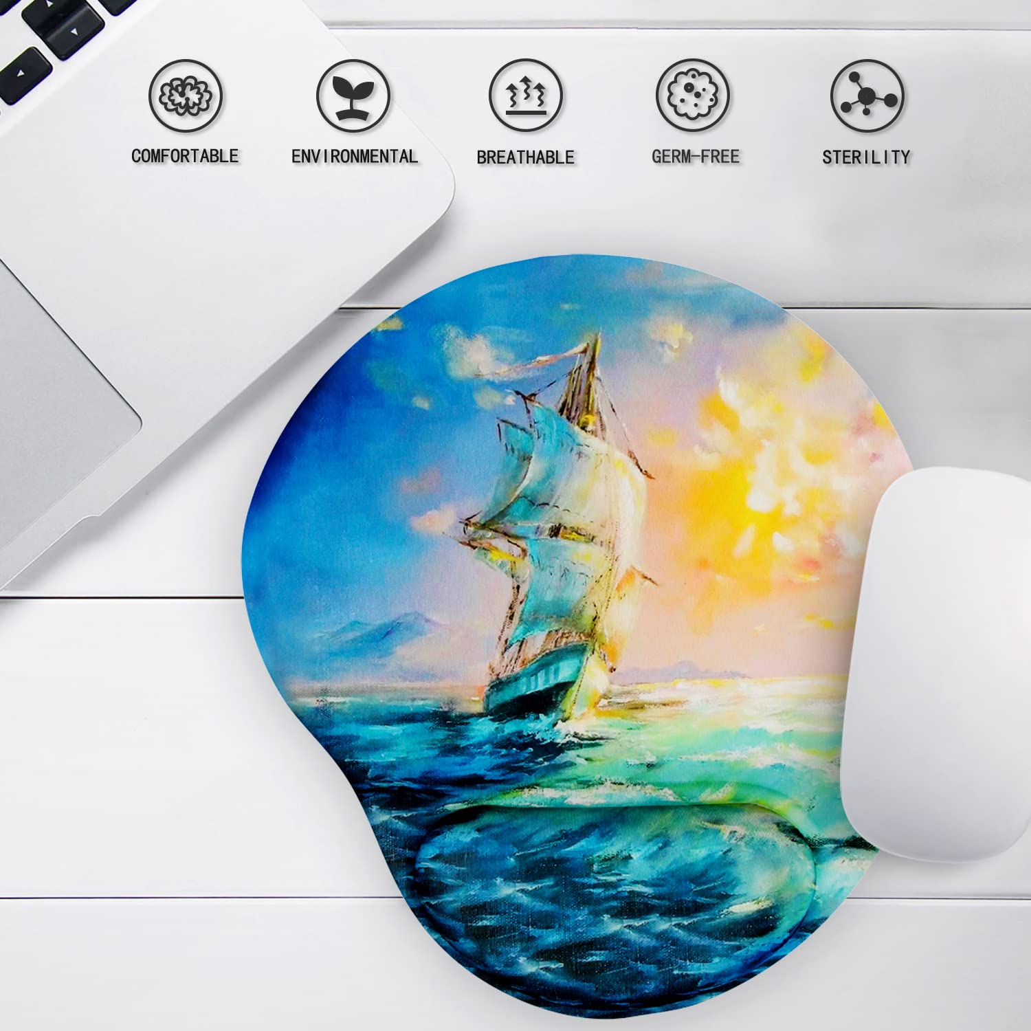 Ergonomic Mouse Pad with Wrist Support - Non-Slip PU Base Comfort Cushion for Pain Relief - Perfect for Office, Gaming & Laptop Use - Home & Work Computer Accessories (Sailboat Design)