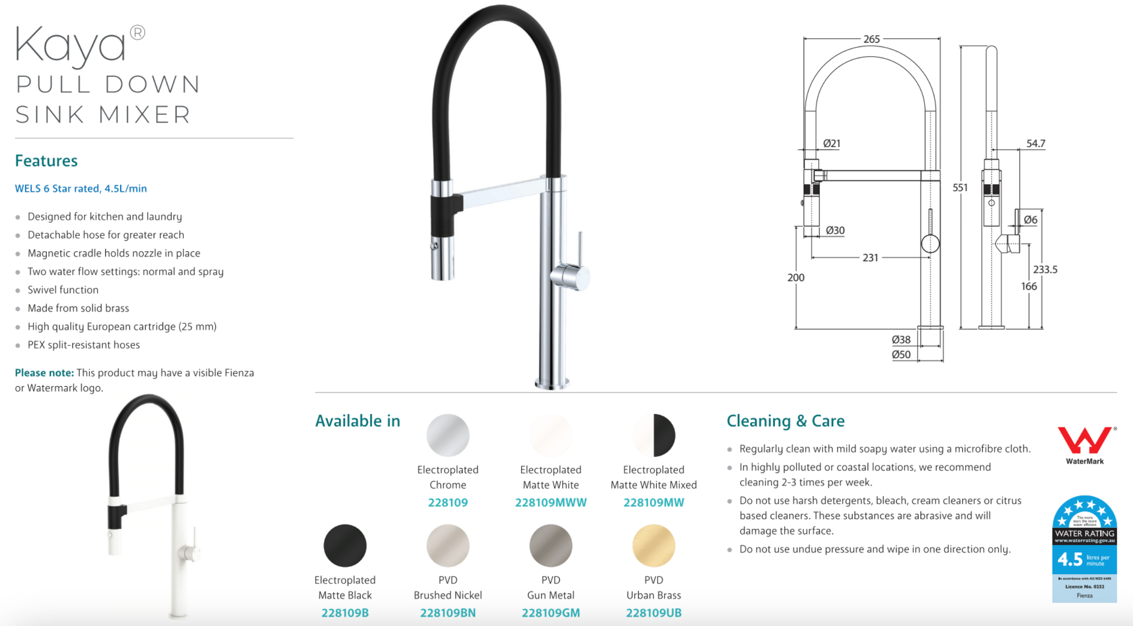 Fienza 228109MW Kaya Pull Down Kitchen Faucet with Sprayer - Matte White Finish | Perfect for Modern Farmhouse & Contemporary Kitchen Sinks