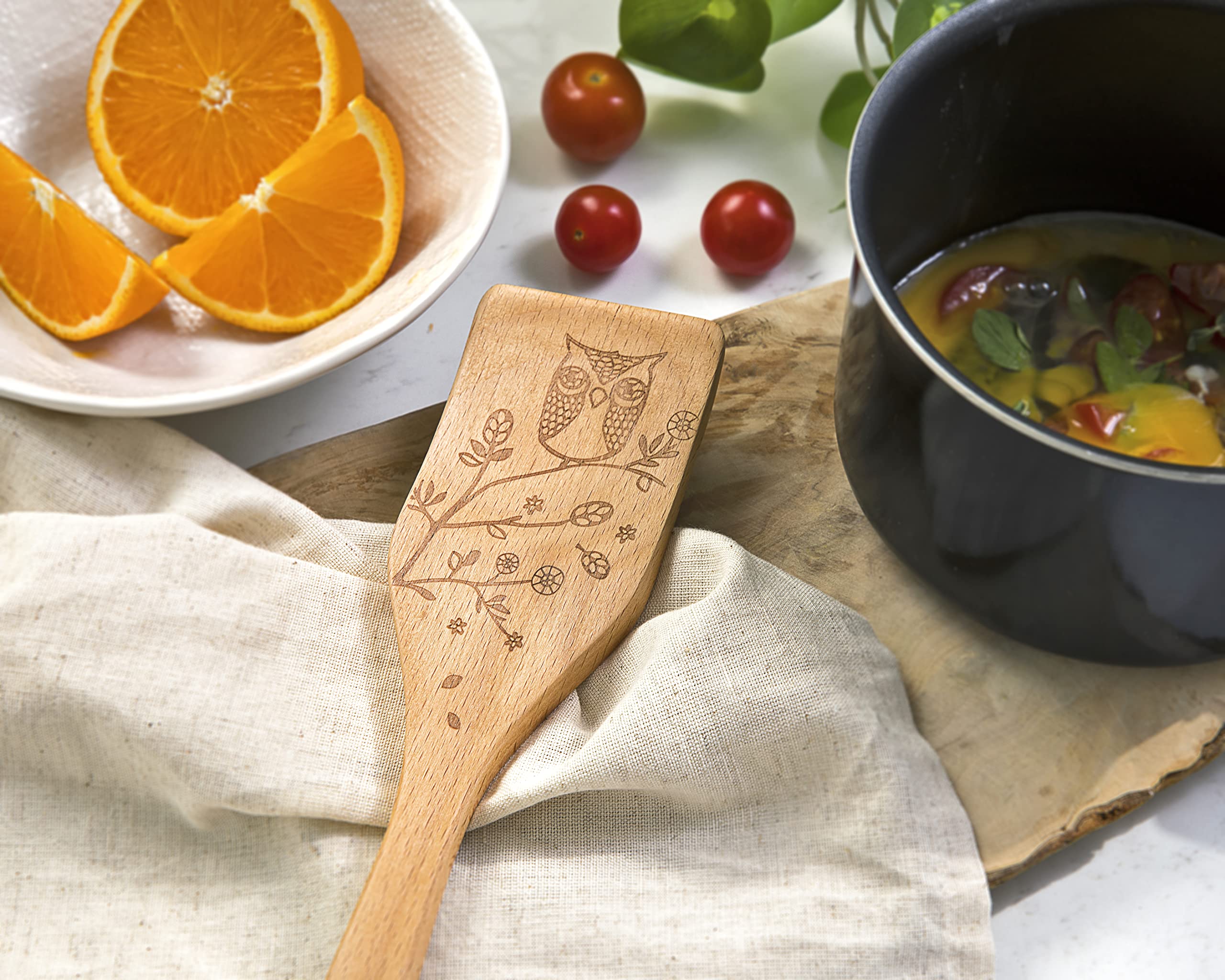 Laser Etched Beechwood Turner Spatula - Woodland Owl Design - Cute & Functional Kitchen Utensil for Cooking, Baking, Flipping Pancakes - Decorative Wooden Turner for Home & Restaurant Use