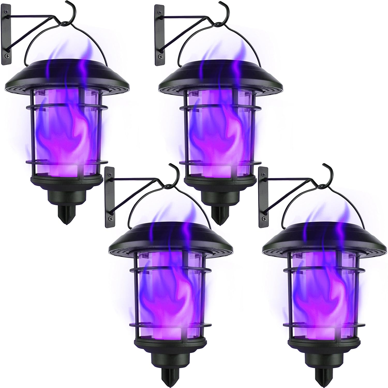 Dynaming Solar Purple Flame Wall Lanterns - 4 Pack Outdoor Halloween LED Hanging Lights with Auto On/Off, Waterproof Flickering Flame Sconce for Garage, Stair, Patio, Porch - Perfect for Spooky Decor & Pathway Lighting