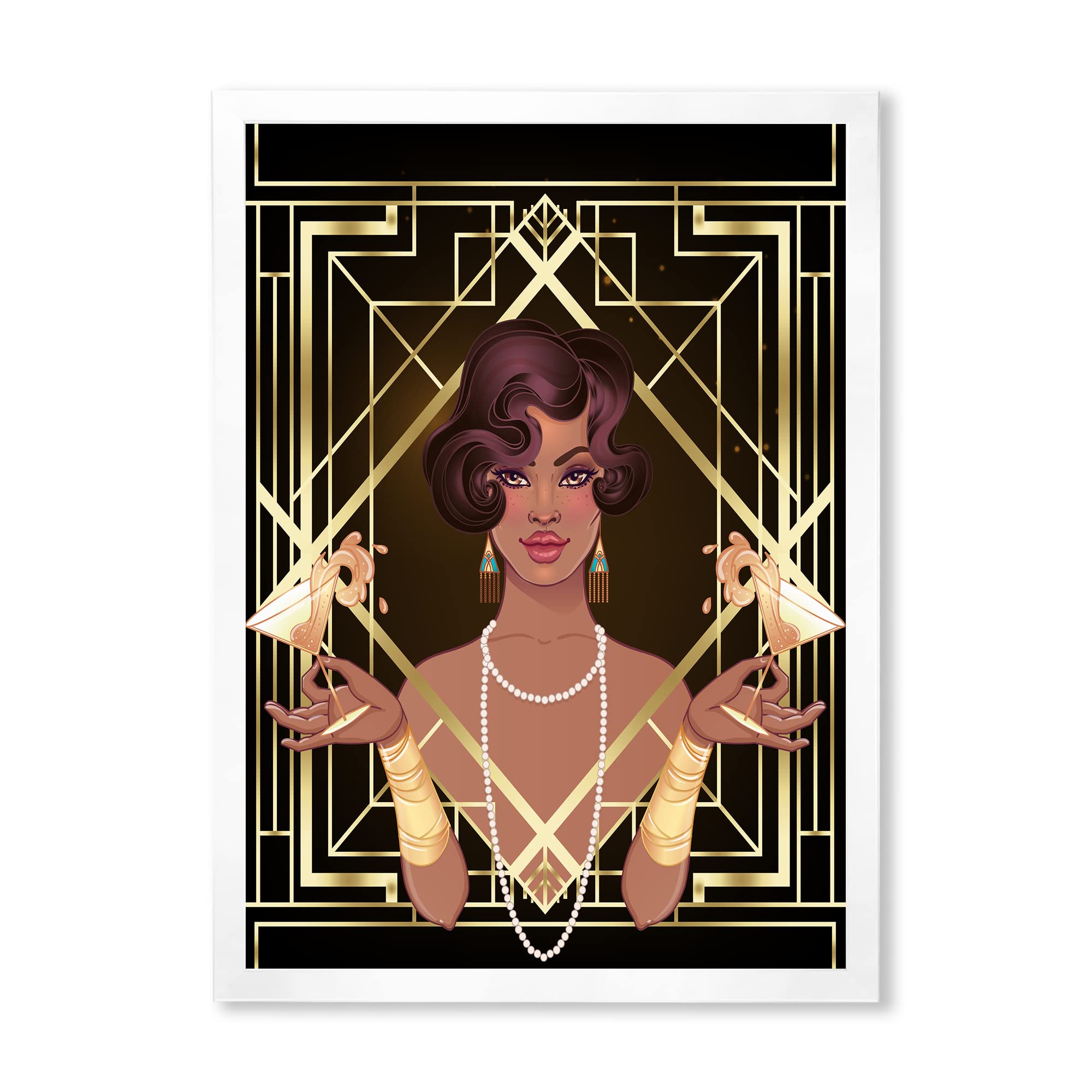 DesignQ Retro Women in Golden Art Deco Geometrics - Modern Framed Wall Art for Living Room, Bedroom & Office Decor | Vintage Home Aesthetic