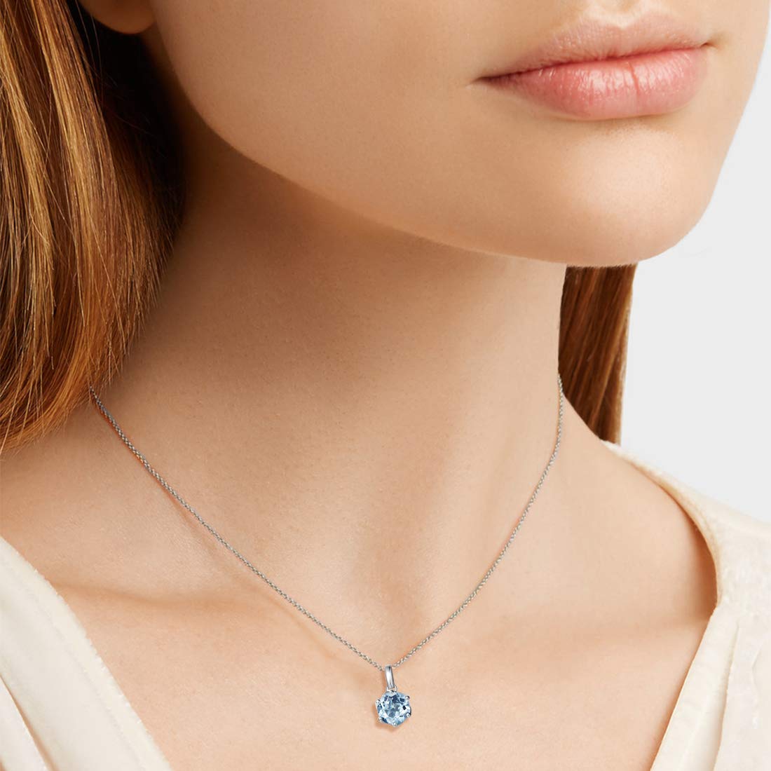 14K Solid White Gold Genuine Aquamarine Solitaire Pendant Necklace for Women - March Birthstone Jewelry, Dainty Fine Necklace for Anniversary, Birthday, Mother's Day Gifts for Wife, Mom, Her - Perfect for Weddings, Parties & Special Occasions