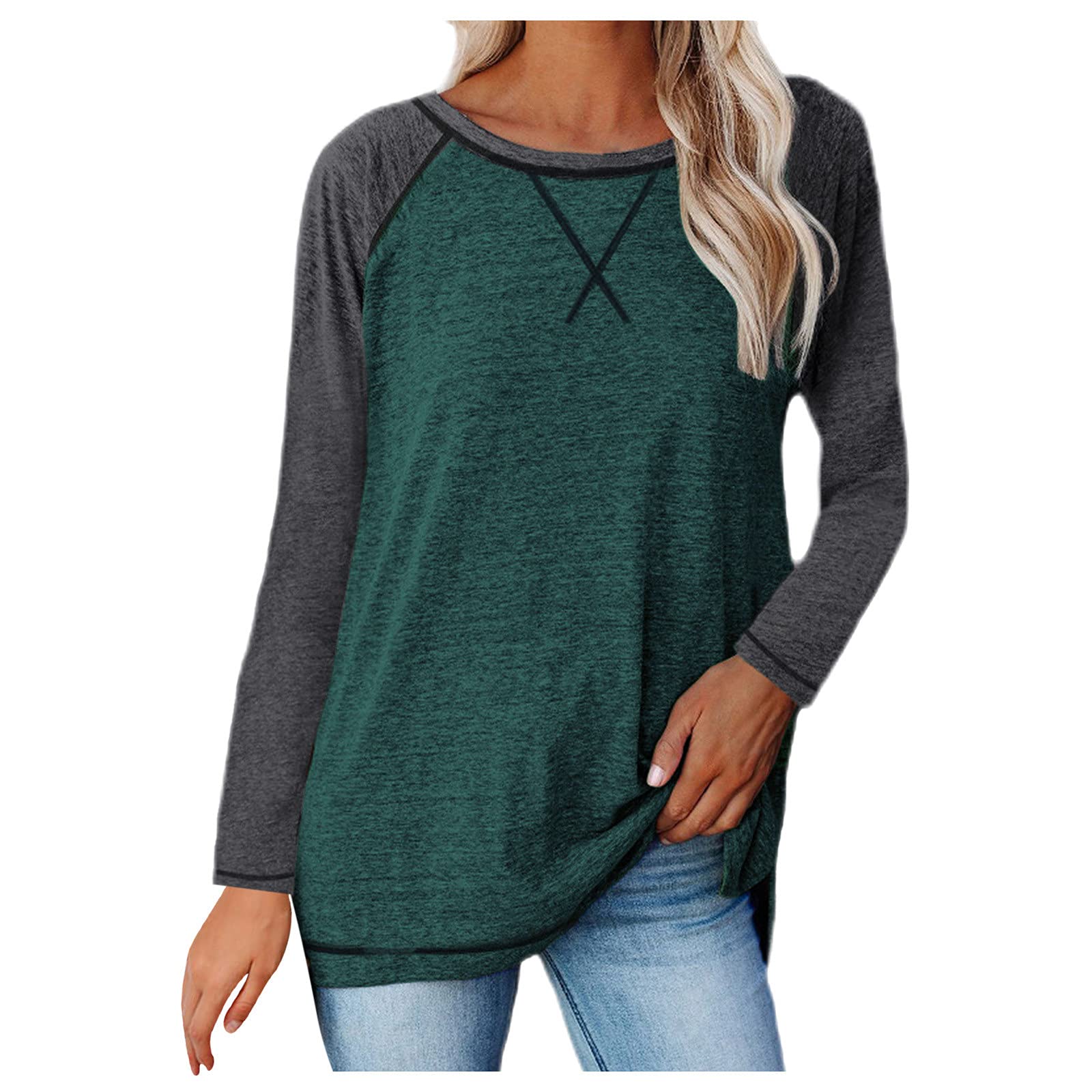 Women's Color Block Round Neck Tunic Top - Casual Long Sleeve Loose Blouse & Sweatshirt for Work, Travel & Everyday Wear