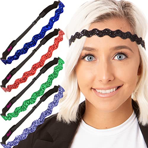 Hipsy Women's Adjustable No Slip Bling Glitter Wave Headbands - 5 Pack (Purple/Green/Black/Red/Royal) for Sports, Workouts, and Fashion Accessories