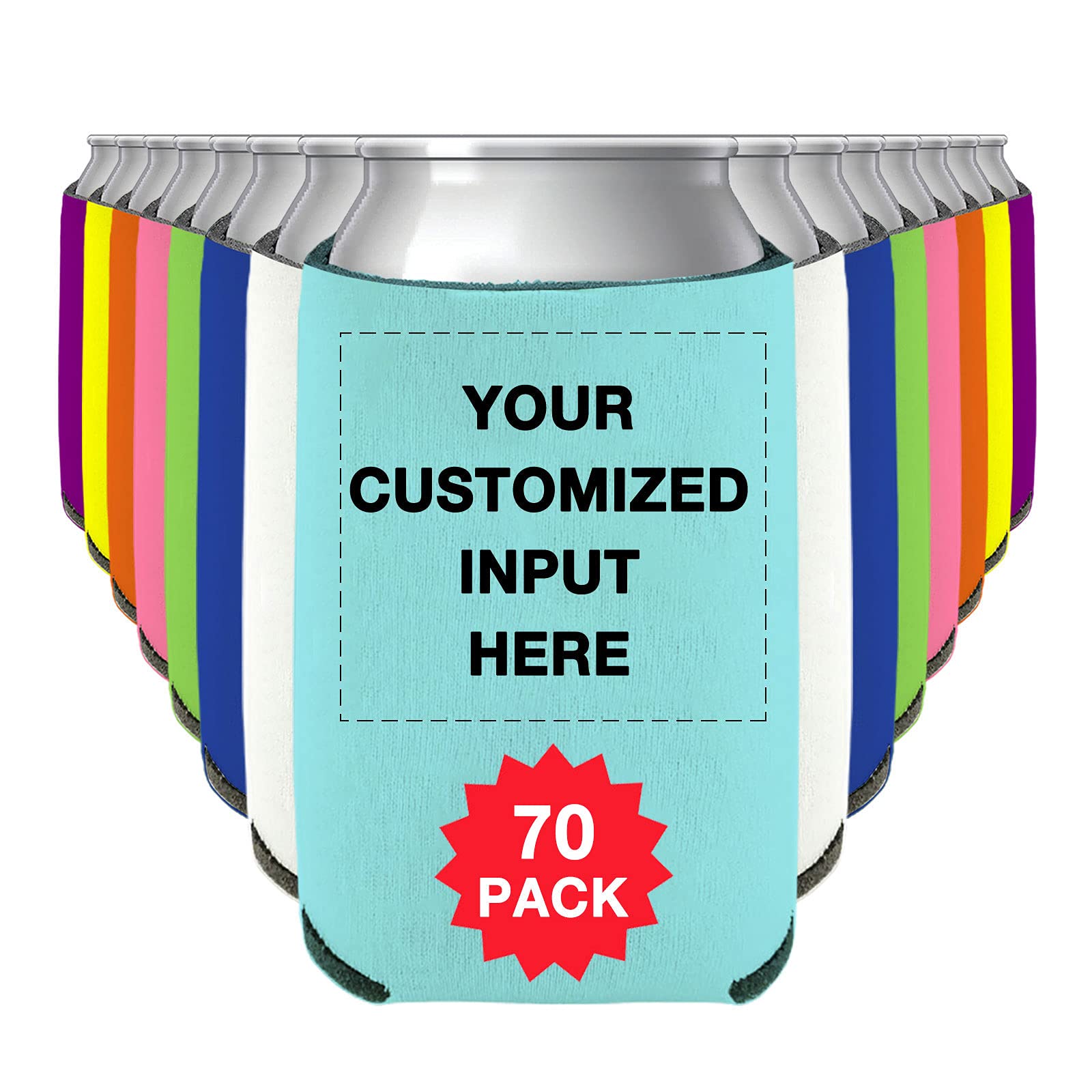 Custom Printed Can Sleeves 70pcs Bulk - Personalized Beer Coolers with Photo/Logo for Wedding Favors, Fishing Trips, Picnics & Outdoor Parties - Insulated Beverage Koozies for Cans & Bottles