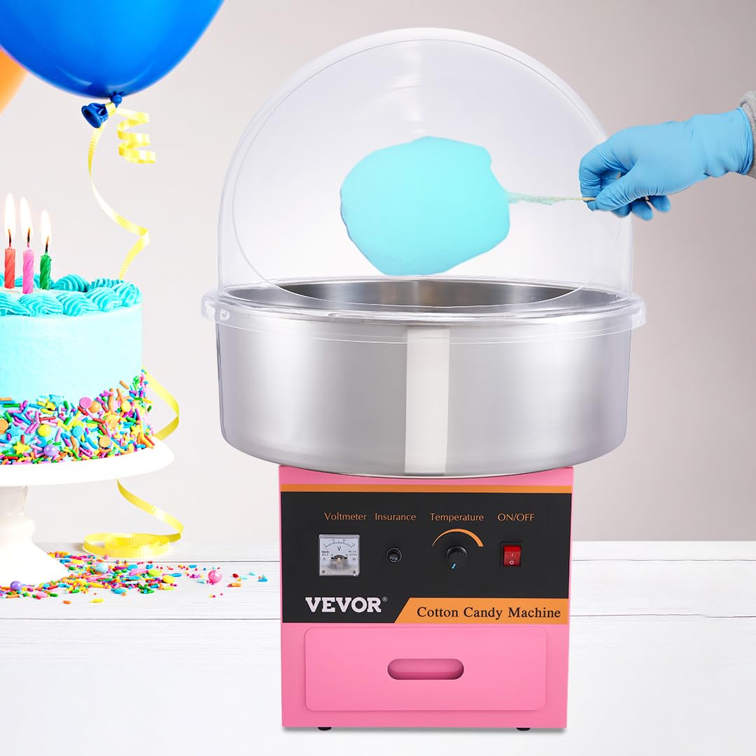 VEVOR Commercial Cotton Candy Machine with Cover - Electric Floss Maker with Stainless Steel Bowl, Sugar Scoop & Storage Drawer - Perfect for Home, Parties, Carnivals & Events (Pink)