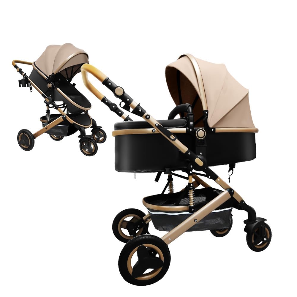 Premium 2-in-1 Baby Stroller with Bassinet & Reversible Seat - Foldable Travel Pram for Newborns & Infants - High Landscape Stroller for Outdoor Walks & Shopping (Khaki)