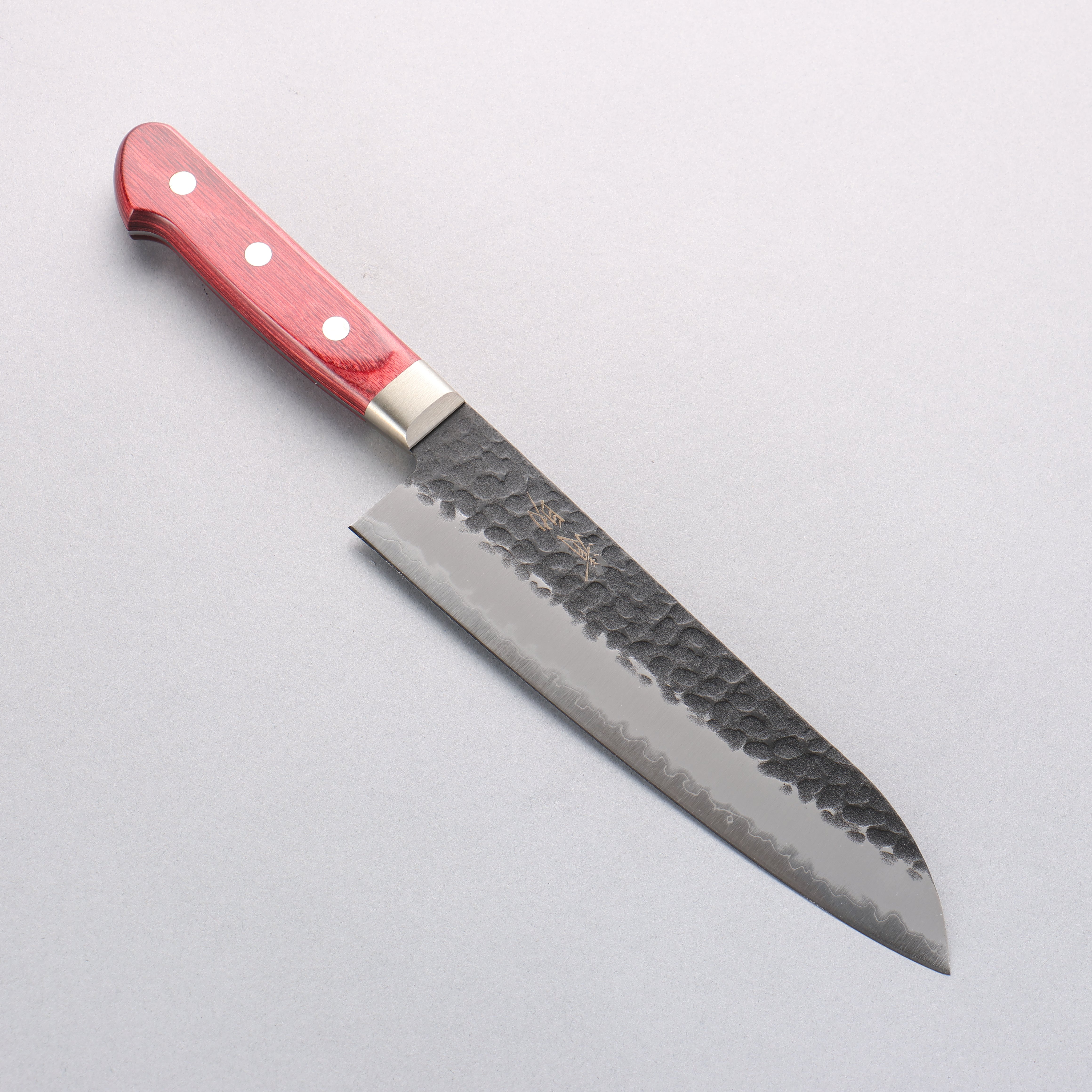 Seisuke Kurobeni Blue Super Hammered Kurouchi Santoku Knife 185mm with Red Pakka Wood Handle - Premium Japanese Kitchen Knife for Slicing, Dicing & Chopping Vegetables, Meat & Fish
