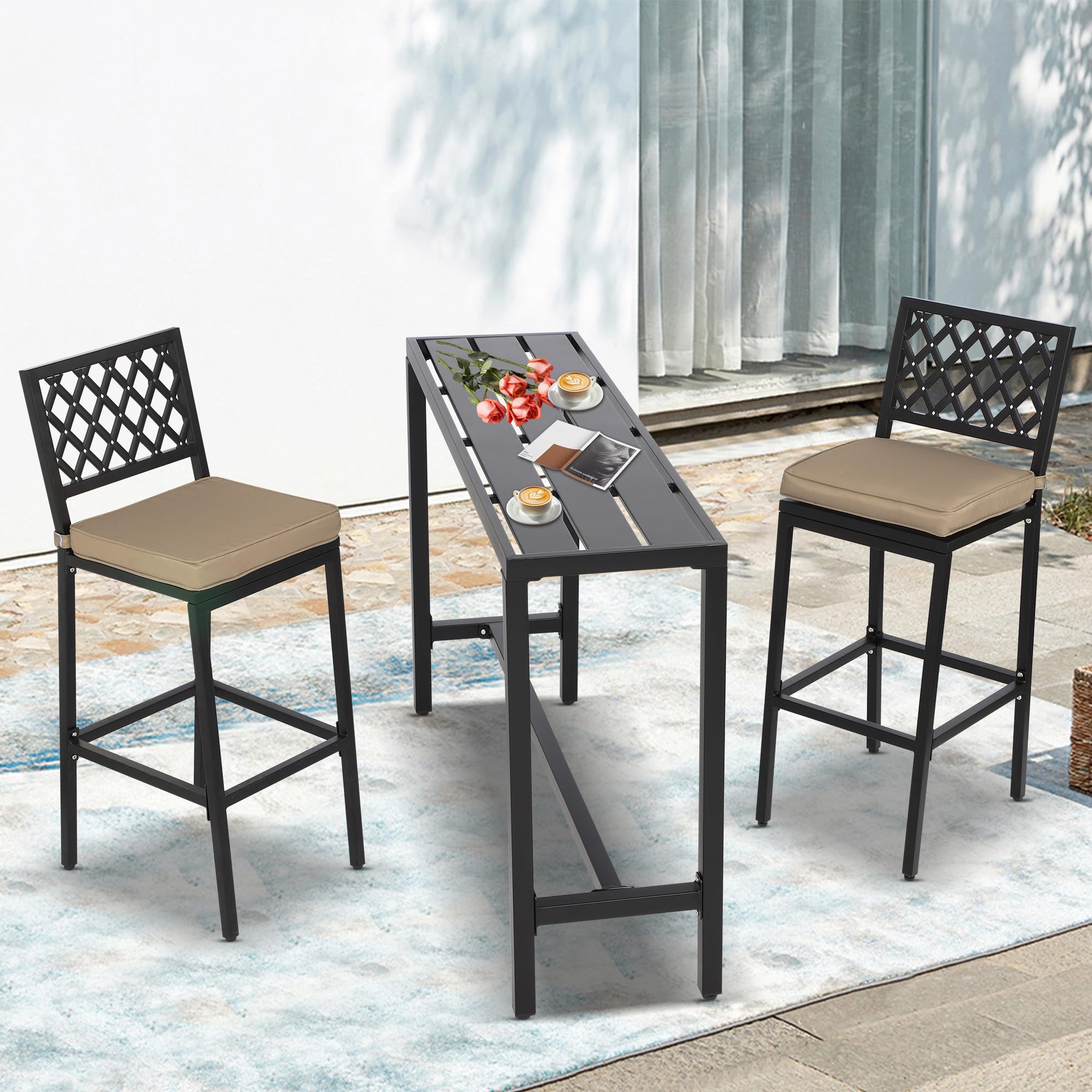 **Outdoor Patio Bar Set - Weather-Resistant Bistro Counter Height Dining Set with Cushions & Slatted Tabletop for Backyard, Garden, Deck, or Poolside Relaxation**