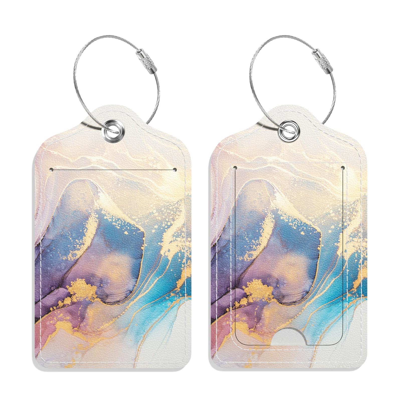 2 Pack PU Leather Luggage Tags for Suitcases & Backpacks - Privacy Flap, ID Label & Metal Loop - Travel & Cruise Essentials for Men & Women - Sunset Marble Design - Perfect for Airports, Hotels & Vacation Identification