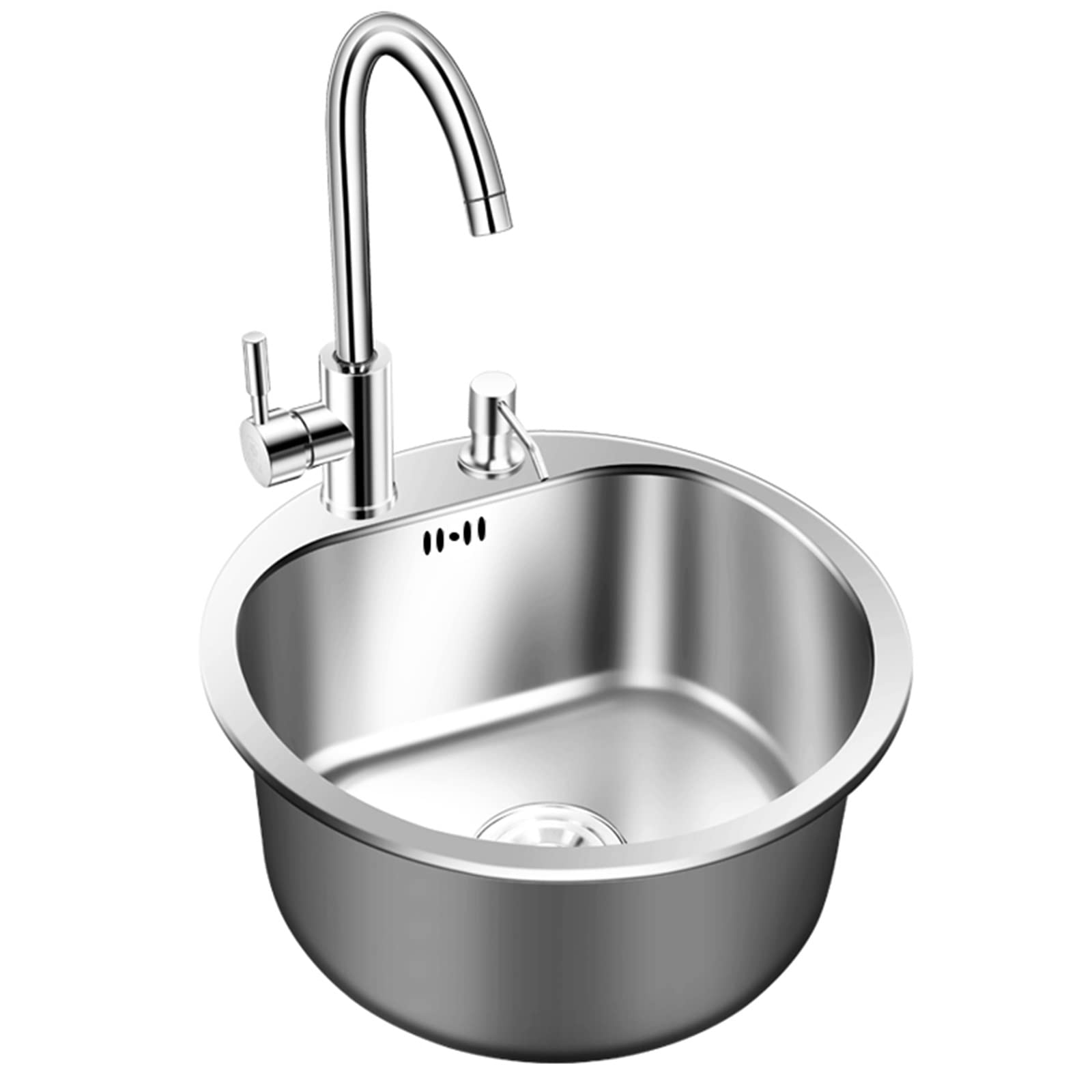 WooDeY 43cm Round Black Single Bowl 304 Stainless Steel Kitchen Sink - Drop-in Design with Drain, Soap Dispenser & Faucet - Perfect for Modern Kitchens, Restaurants, and RV Camping