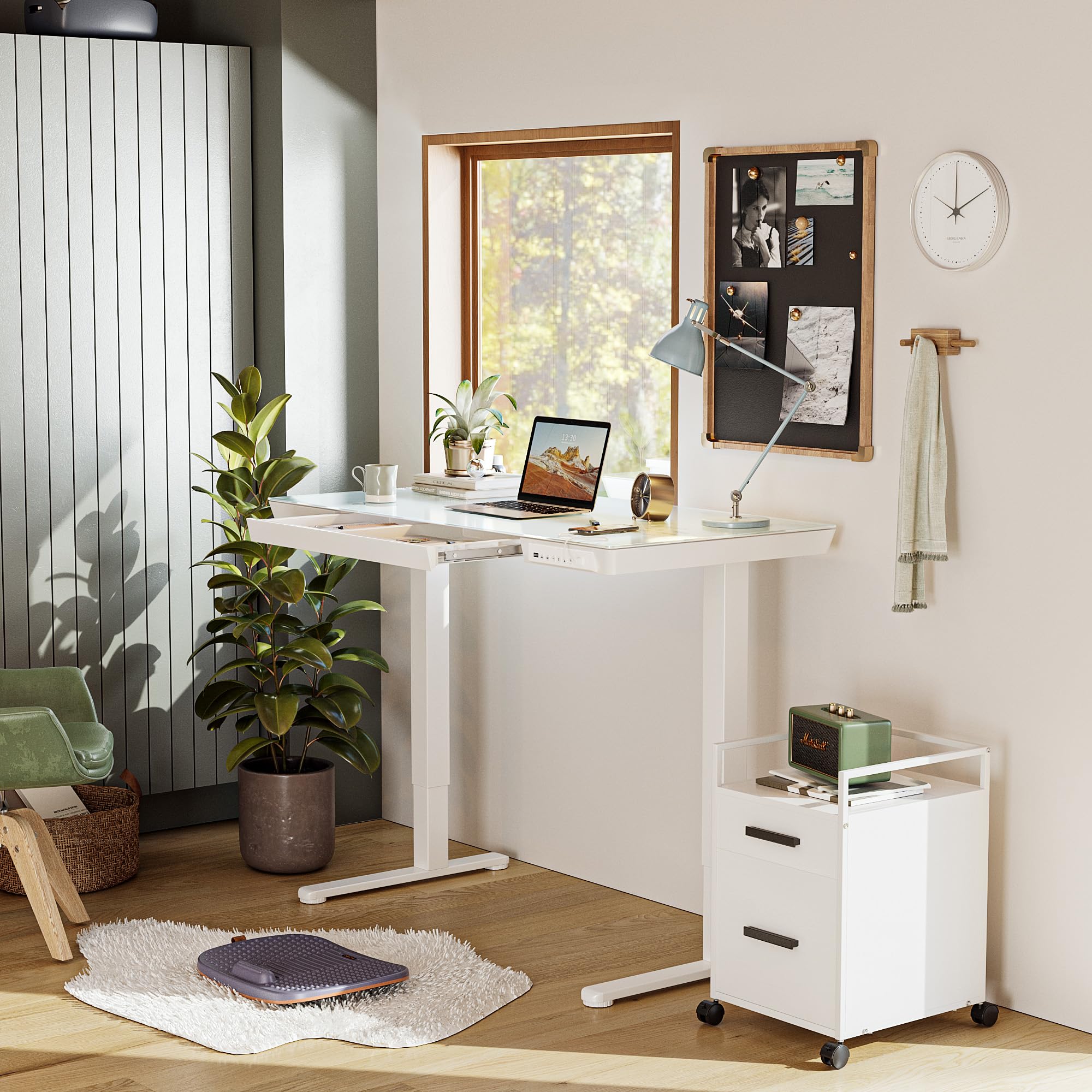 BANTI 48 Inch Electric Standing Desk with Drawers - Height Adjustable Whole-Piece Glass Desktop Ergonomic Workstation for Home Office (White) | Perfect for Remote Work, Gaming Setup & Study Space