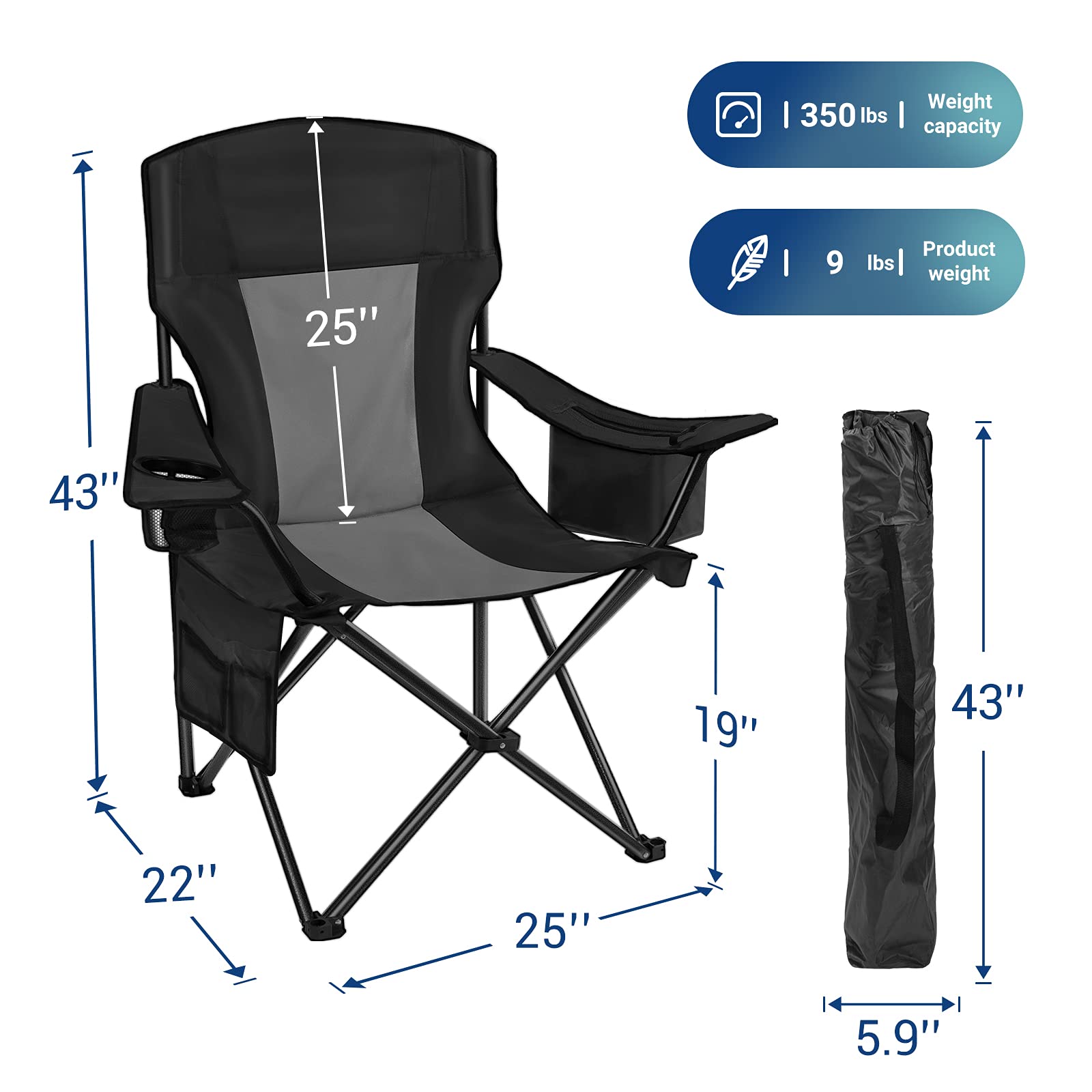 AsterOutdoor Heavy Duty Camping Folding Chair with Padded Seat, Large Cup Holders & Side Organizer - 350lbs Capacity for Backyard, Beach, Fishing, Picnics & Outdoor Events | Portable Quad Arm Chair with Back Pocket for Comfortable Relaxation