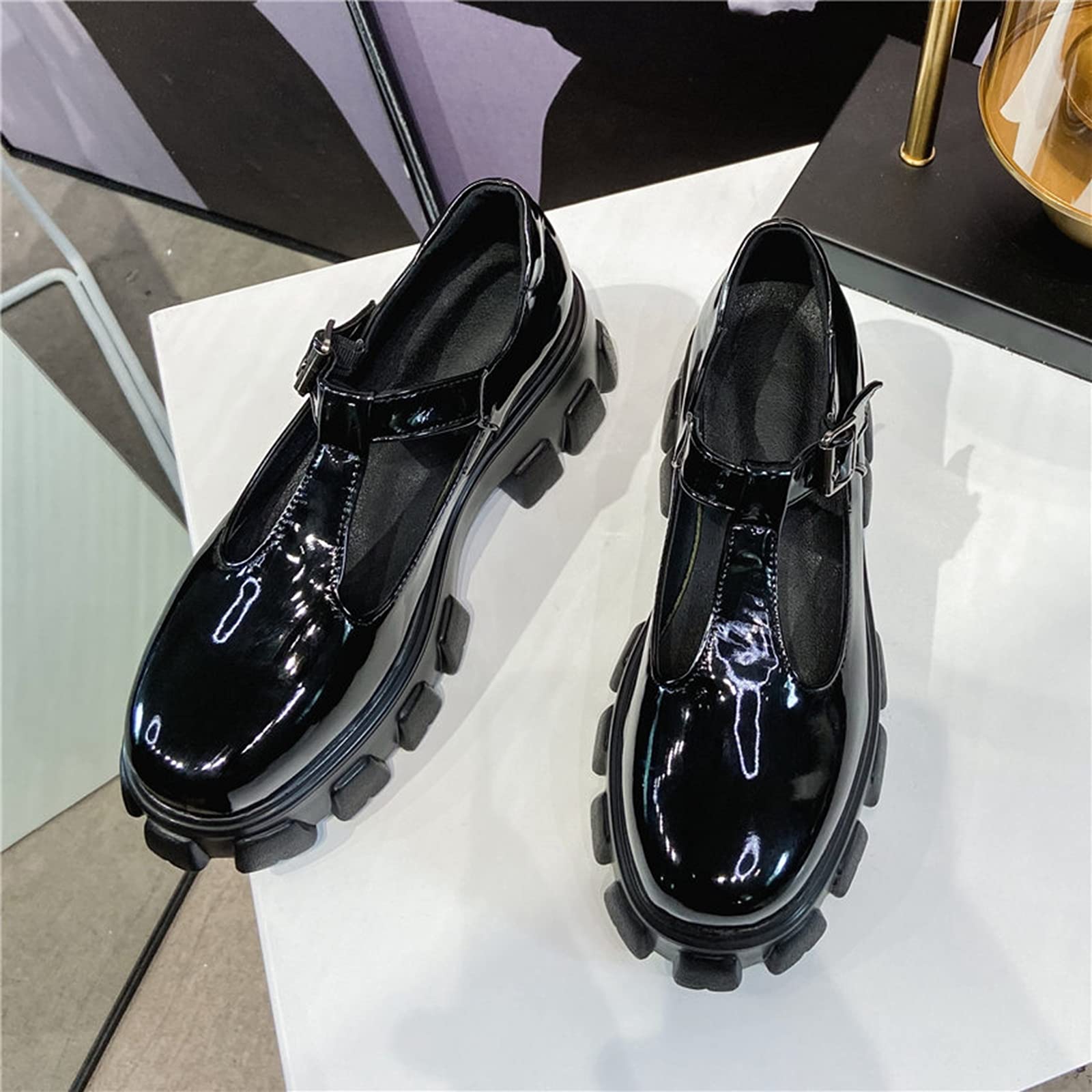 Hoxekle Women's Platform Mary Jane Shoes - Casual Synthetic Leather T-Strap Flats for Girls | Comfortable School Uniform Shoes & Everyday Wear