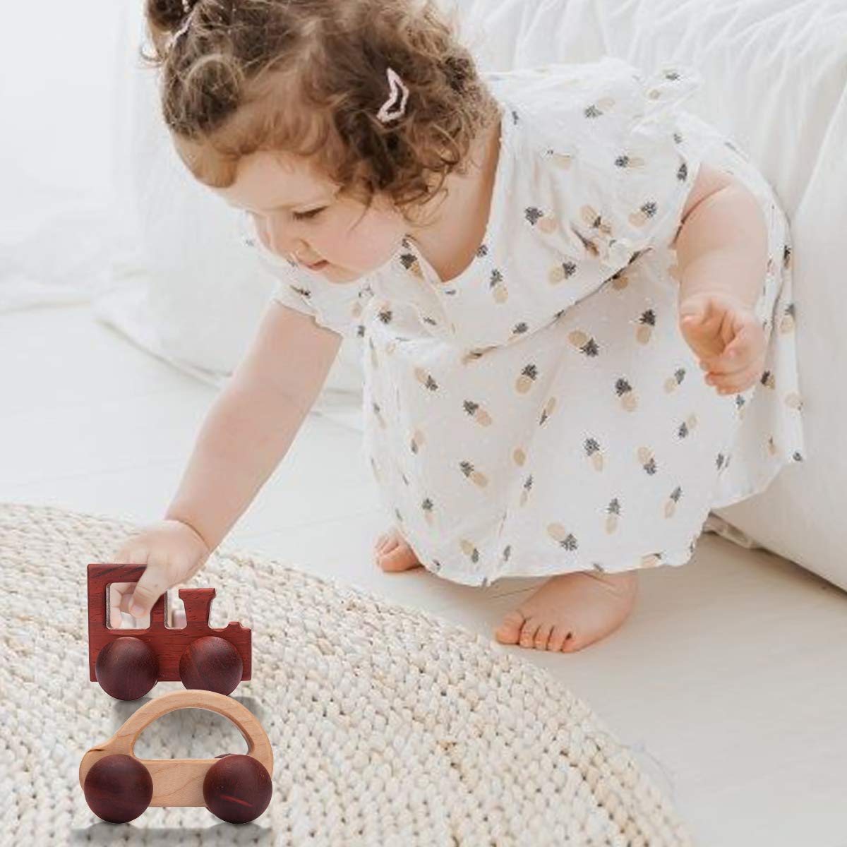 Promise Babe 2-Piece Wooden Rattle & Push Car Set - Organic Natural Wood Montessori Toys for Babies & Newborns - Perfect Baby Shower Gift for Early Learning & Sensory Play
