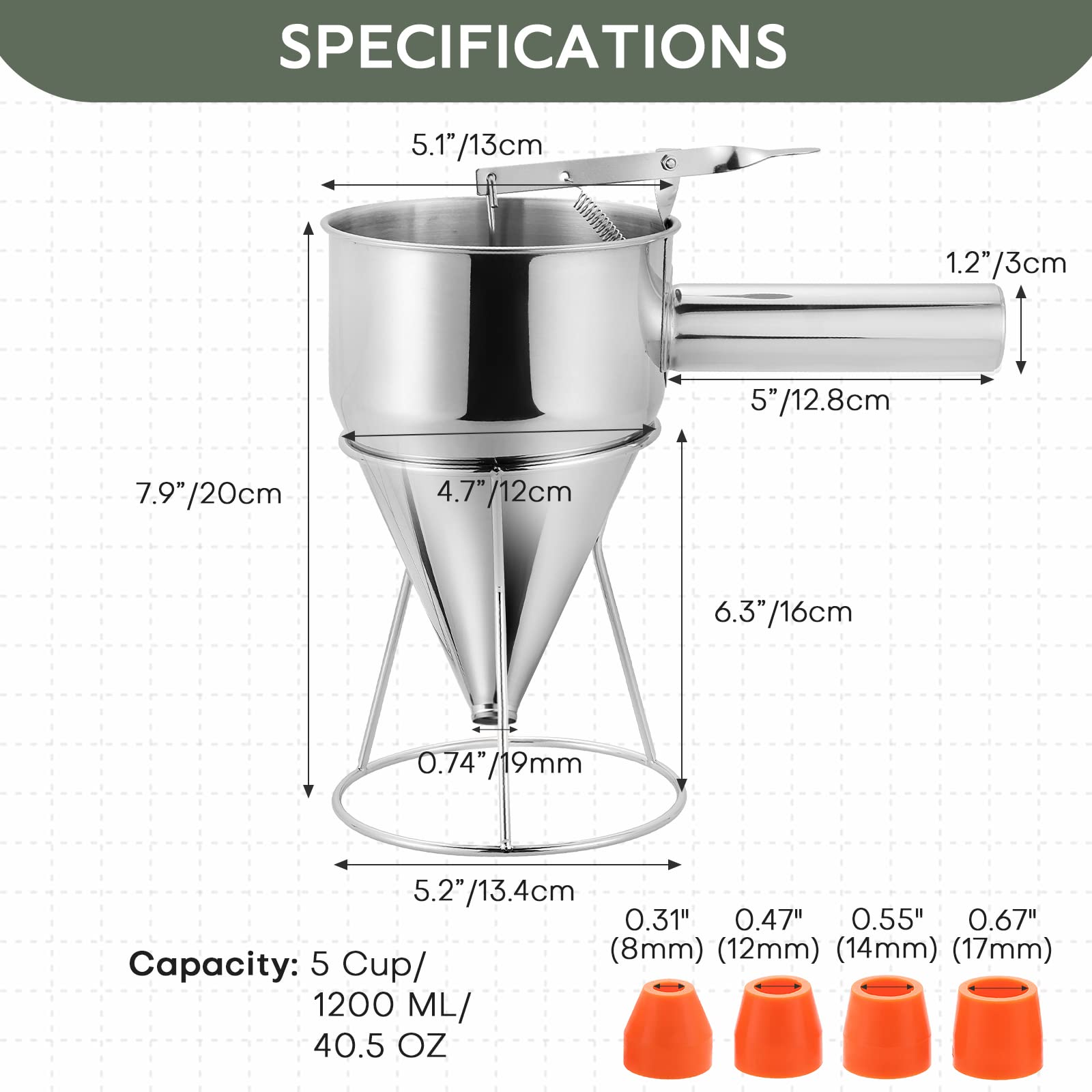 1200ML/40OZ Stainless Steel Pancake Batter Dispenser with 4 Nozzles - Piston Funnel Dispenser with Detachable Handle & Stand for Takoyaki, Baking Cakes, Desserts - Perfect for Home Kitchen, Bakery Shops, and DIY Dessert Making