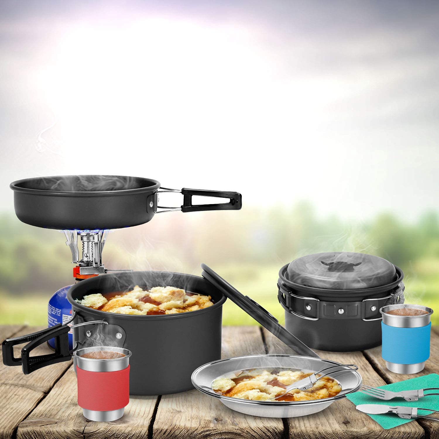 Odoland 16-Piece Camping Cookware Set with Folding Stove & 8-Piece Utensils - Lightweight Backpacking Gear for Outdoor Adventures, Hiking & Travel | Perfect for Camping, Picnics & Emergency Preparedness