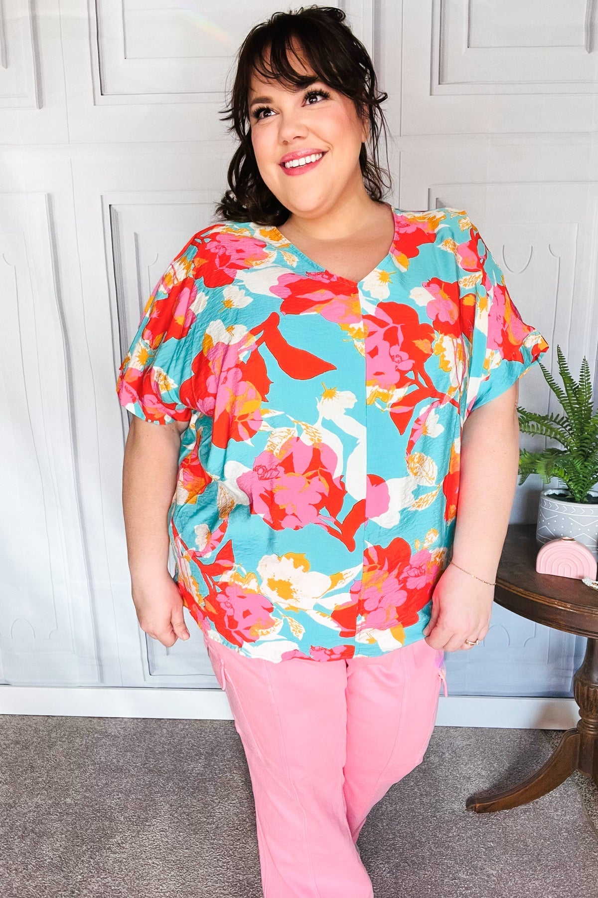 Stylish Aqua & Coral Floral Print V-Neck Woven Blouse for Women | Summer Casual & Beach Outfit | Perfect for Vacations, Dates, and Outdoor Events