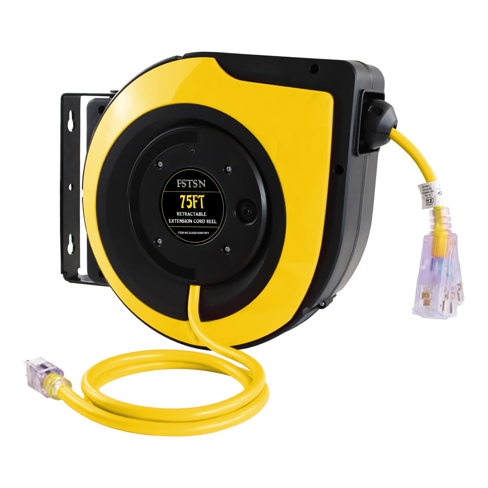 75ft Retractable Extension Cord Reel - 14 AWG Heavy Duty 3 Outlet Power Strip with LED Lights & 10A Breaker - Wall/Ceiling Mount for Indoor/Outdoor Use in Garage, Workshop, Home & Office - Yellow SJTOW Cord