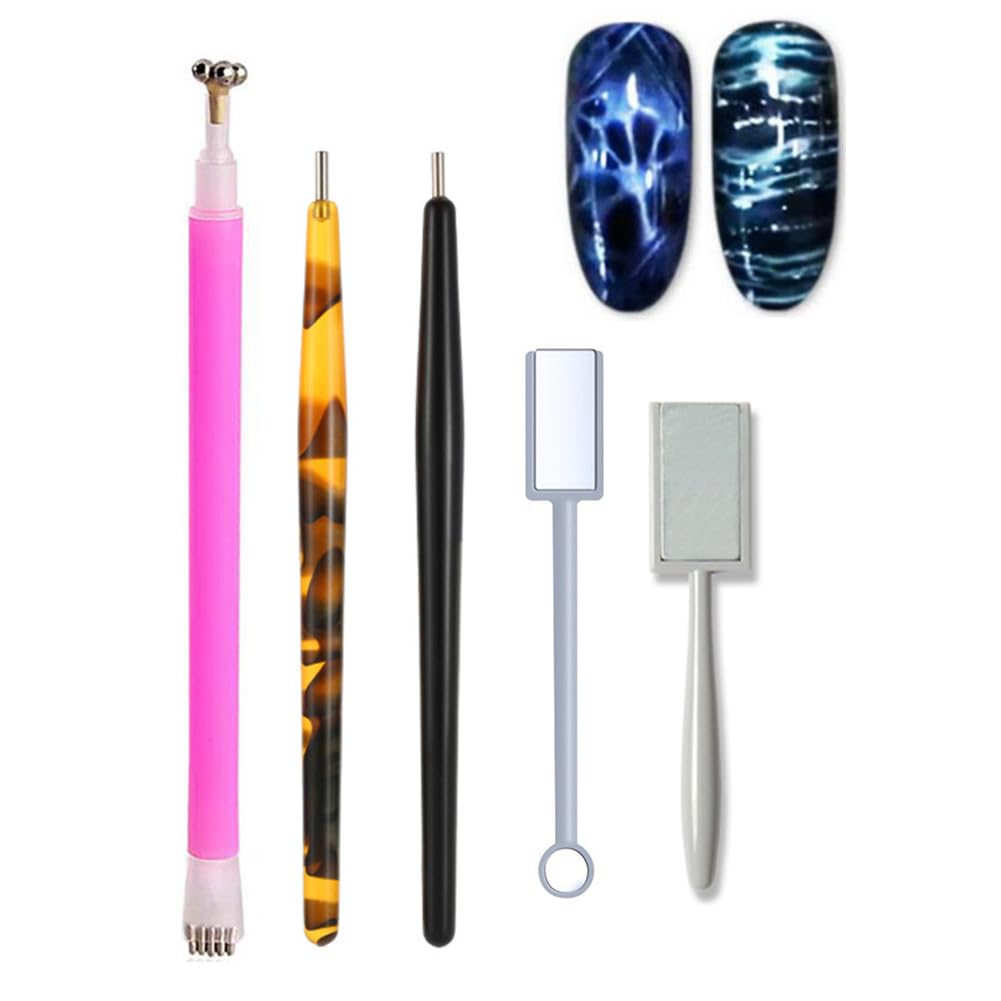WOKOTO 5Pcs Professional Nail Art Magnet Tool Set - Double Head Flower Design Magnetic Pens & Strong Magnet Stick for Cat Eye Gel Polish - Perfect for Salon & Home Manicures (MJB076)