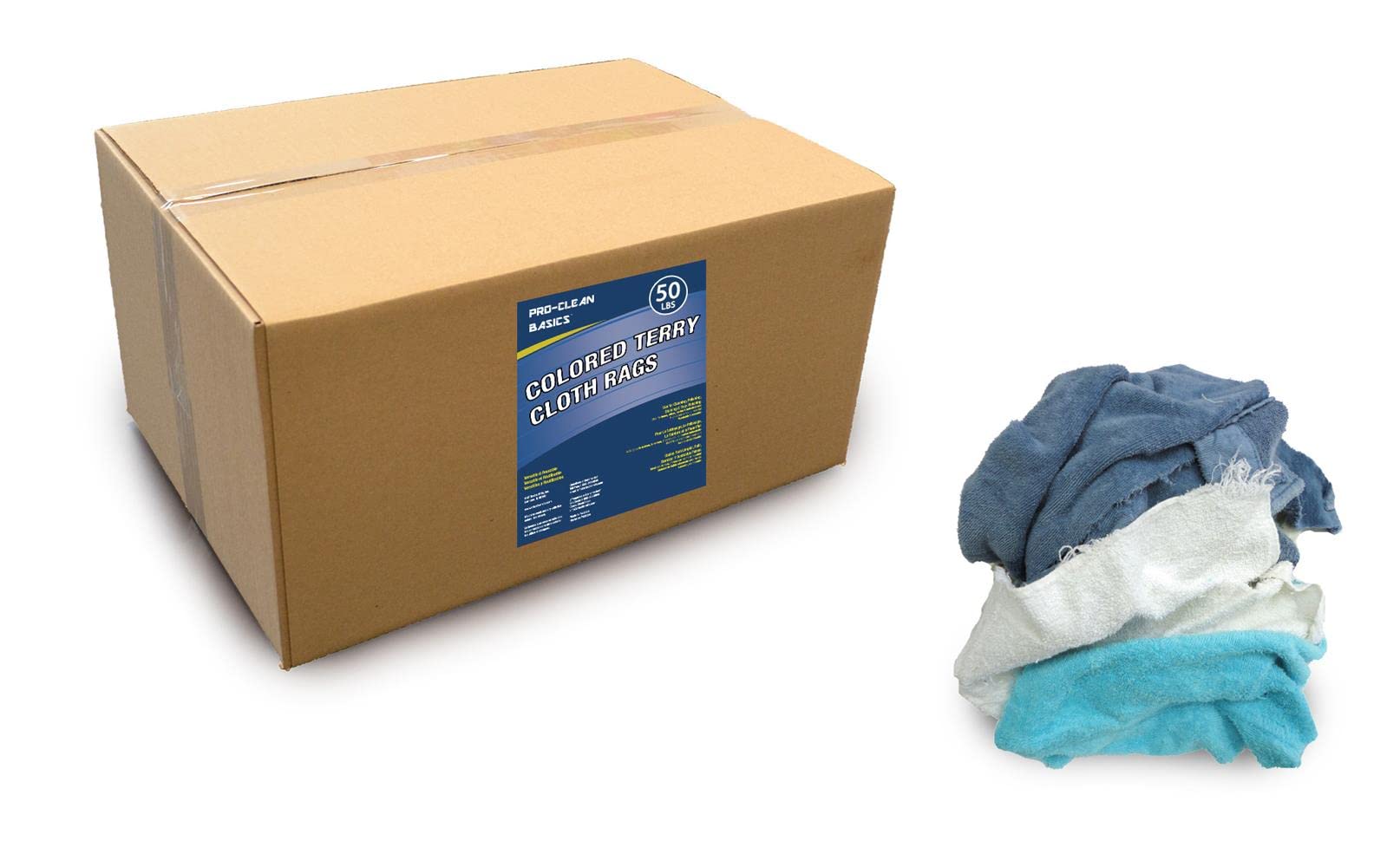 Pro-Clean Basics A99402 Terry Cloth Rags - Assorted Colors & Sizes - Premium Cotton & Poly-Cotton Blend - 50 lb Bulk Box - Ideal for Cleaning, Polishing & Automotive Detailing