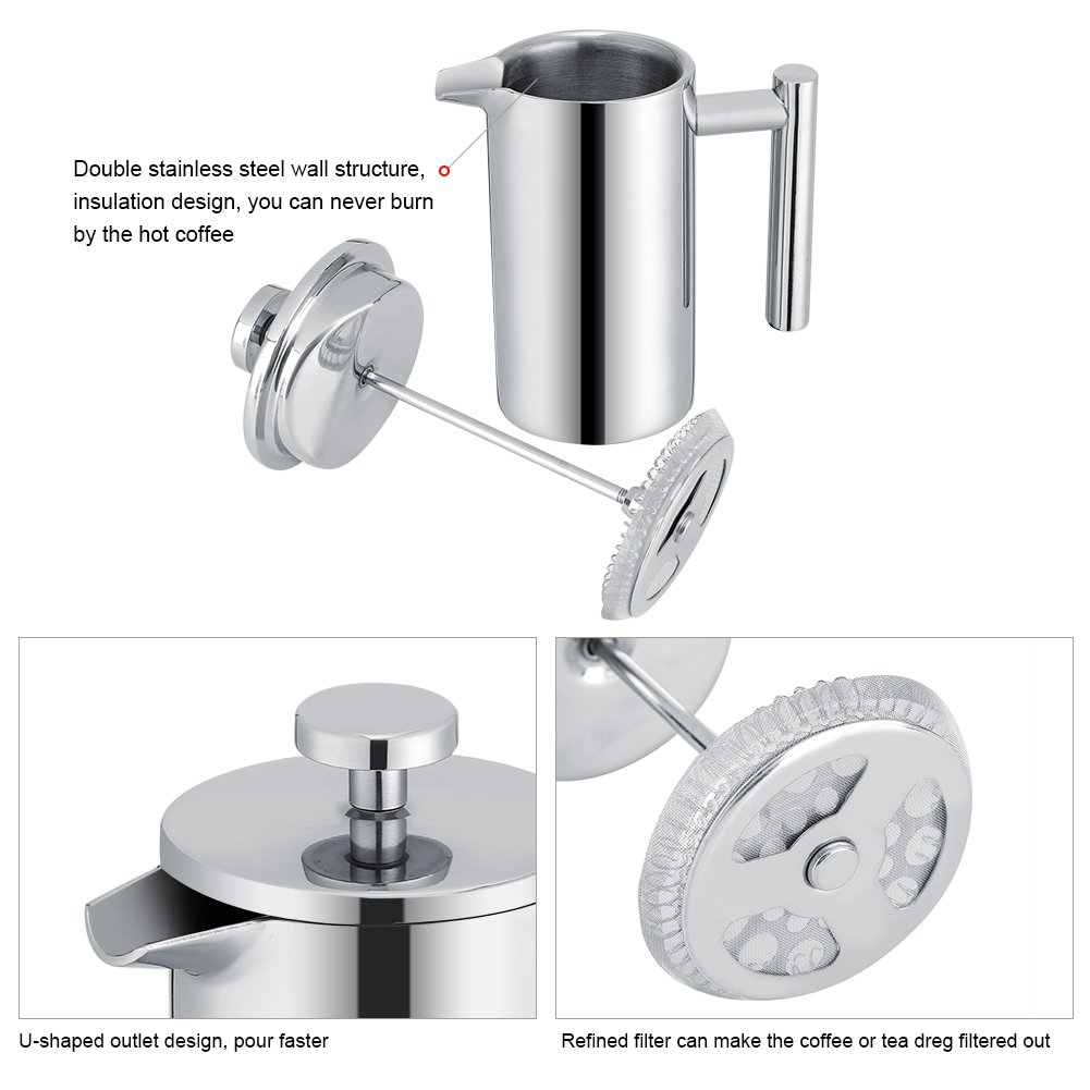 Premium Stainless Steel French Press Coffee Maker - 350ml Double Wall Insulated, Rust-Proof for Espresso & Tea - Perfect for Home, Office, Camping & Gifts
