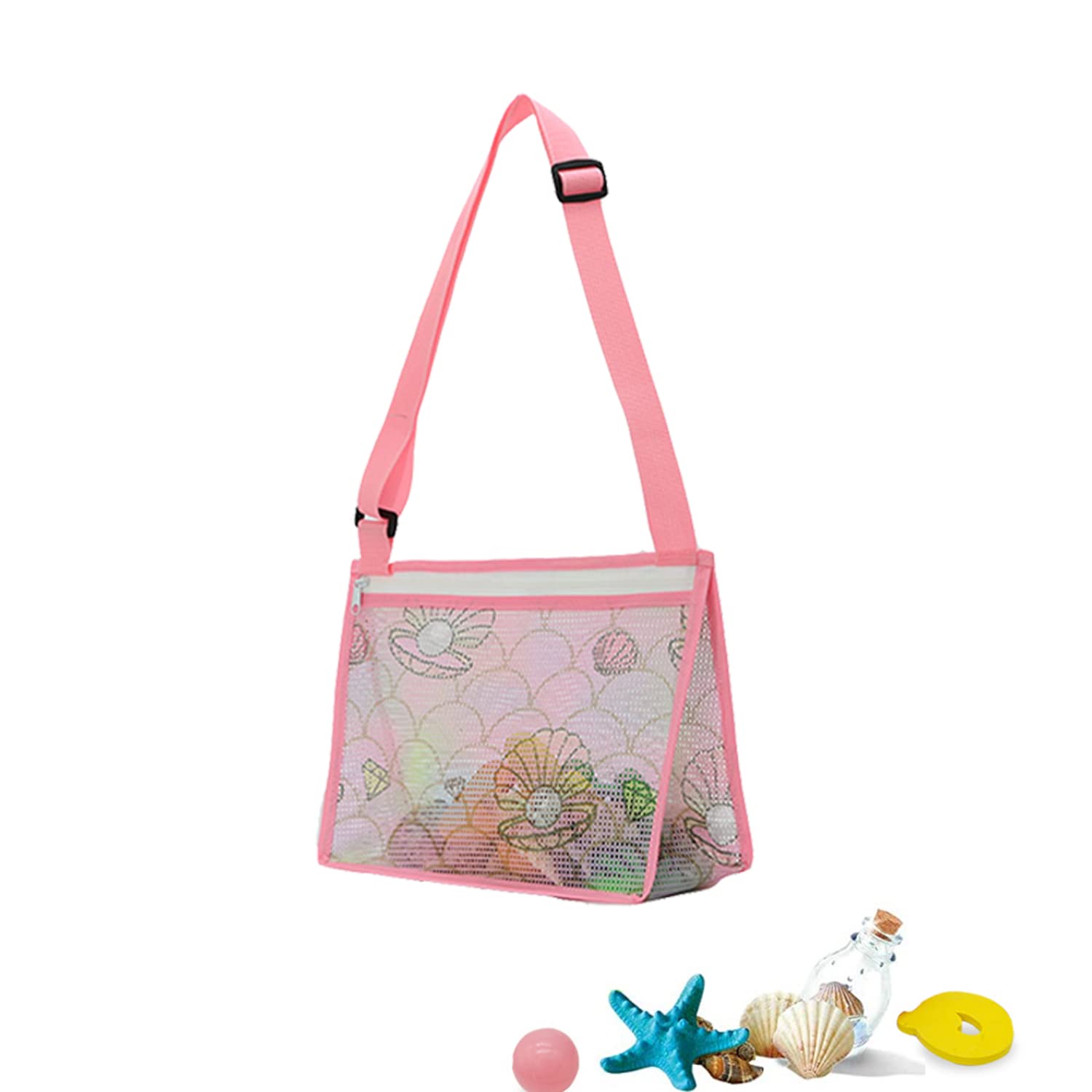 Angch Mesh Beach Bag - Waterproof Shell & Sand Toy Holder for Boys & Girls - Perfect for Beach Trips, Swimming, and Seashell Collecting (Pink)