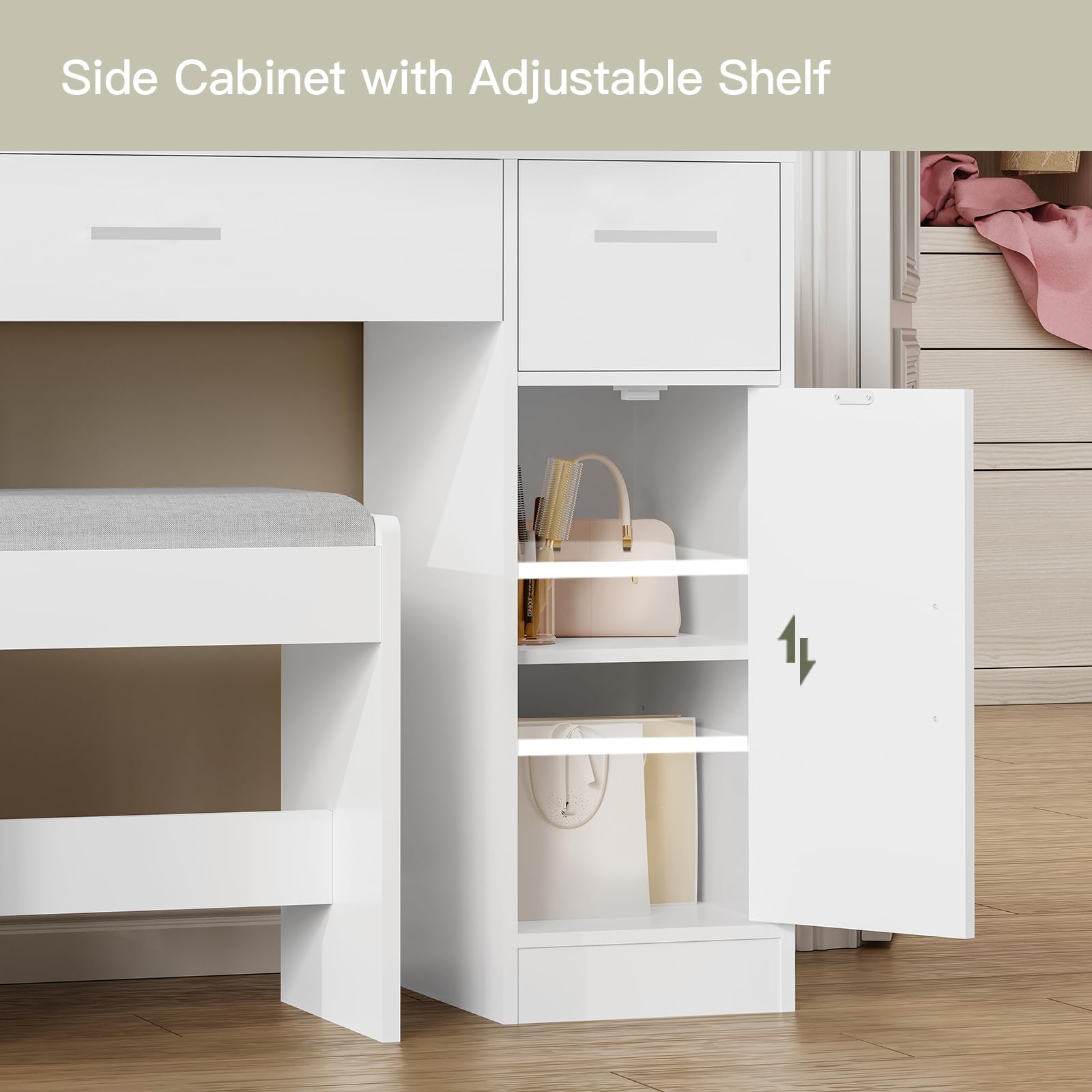 USIKEY White Makeup Vanity with Lights - 10 LED Dressing Table with 3 Drawers, 2 Cabinets & Storage Shelf, Includes Stool - Perfect for Women & Girls Bedroom, Beauty Salon or Dressing Room