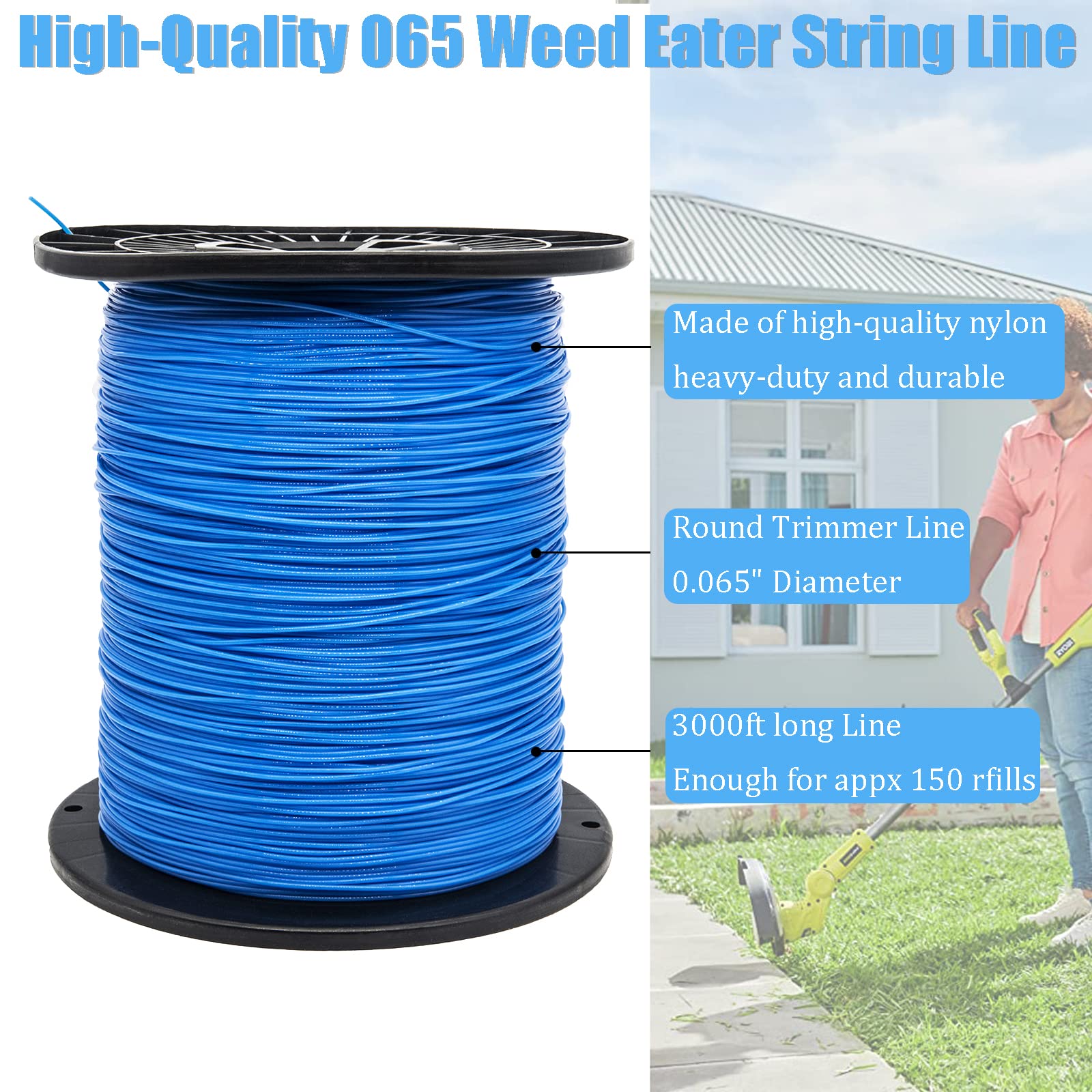KAKO 065 Round Weed Wacker String Trimmer Line - .065-Inch x 3000 ft Commercial Grade Replacement String for Weed Eaters & Trimmers - Fits Most Models (Blue) - Perfect for Lawn Care, Yard Maintenance & Professional Landscaping