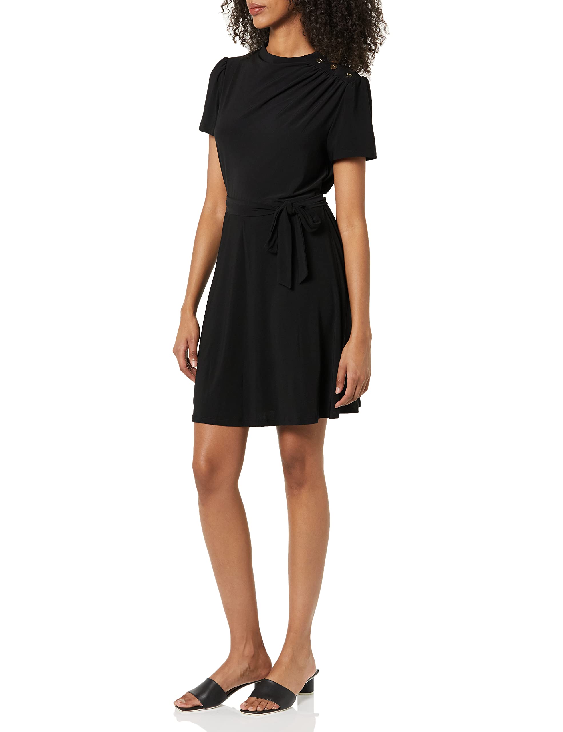 DKNY Women's Short Sleeve Funnel Neck Belted Fit and Flare Dress - Elegant Office Wear & Cocktail Party Outfit