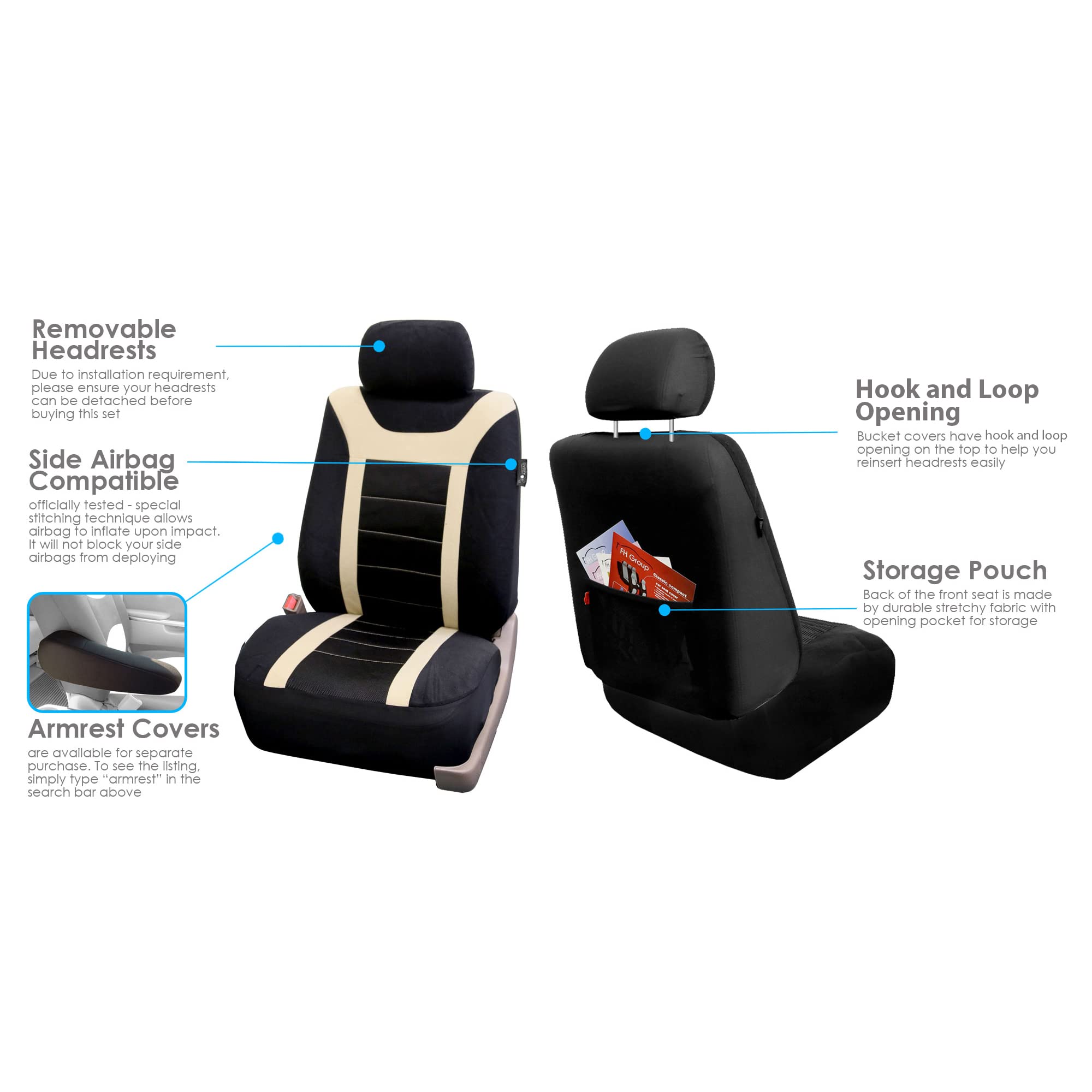 FH Group Universal Fit Beige Sports Full Set Car Seat Covers - Compatible with Airbag & Split Rear Seats | Interior Accessories for Cars, Trucks & SUVs | Perfect for Daily Commute, Road Trips & Vehicle Protection