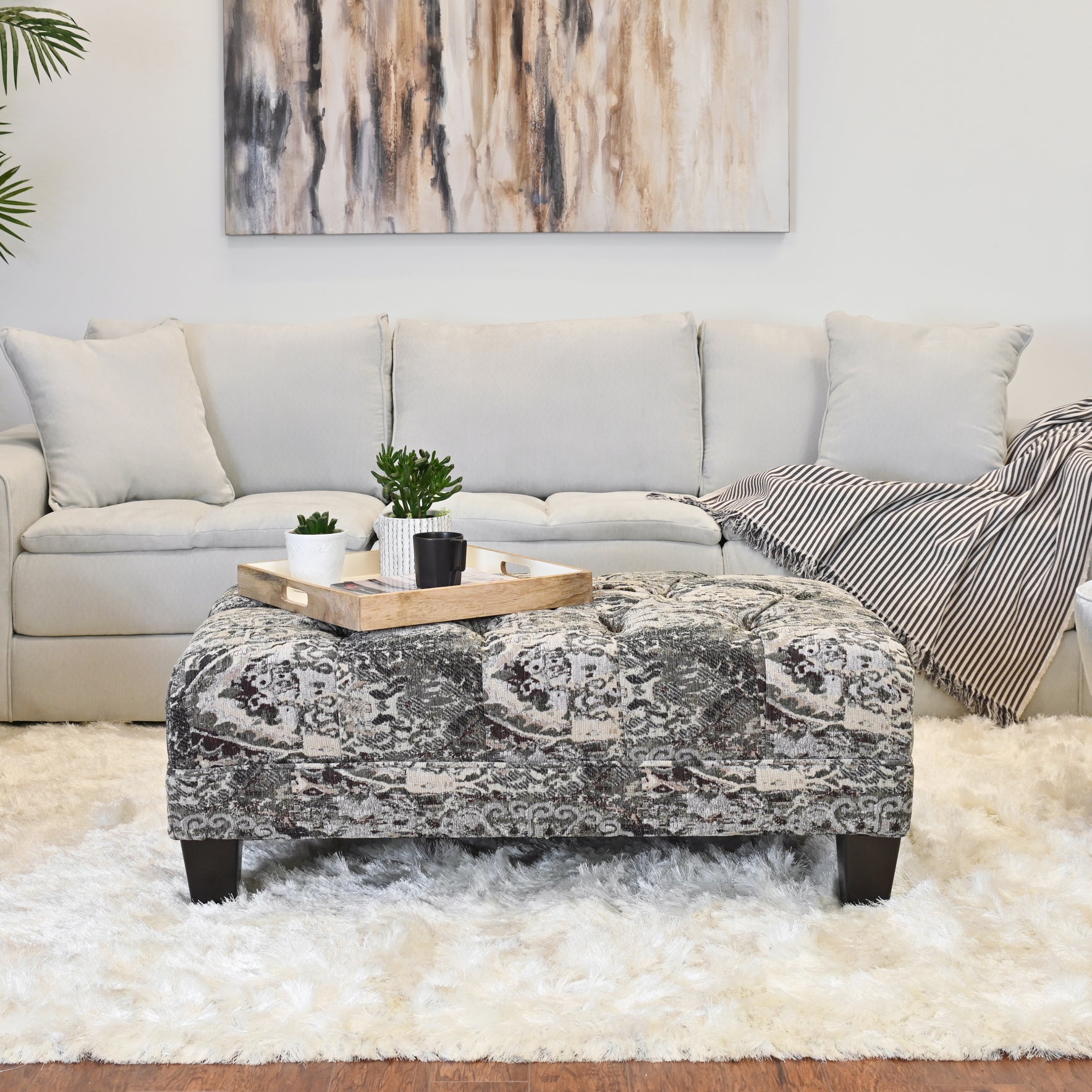 Roundhill Furniture Berliton Fabric Tufted Oversized Ottoman in Turkish Charcoal - Large Storage Footstool, Living Room Pouf, Bedroom Bench - Perfect for Home Decor, Lounge & Relaxation