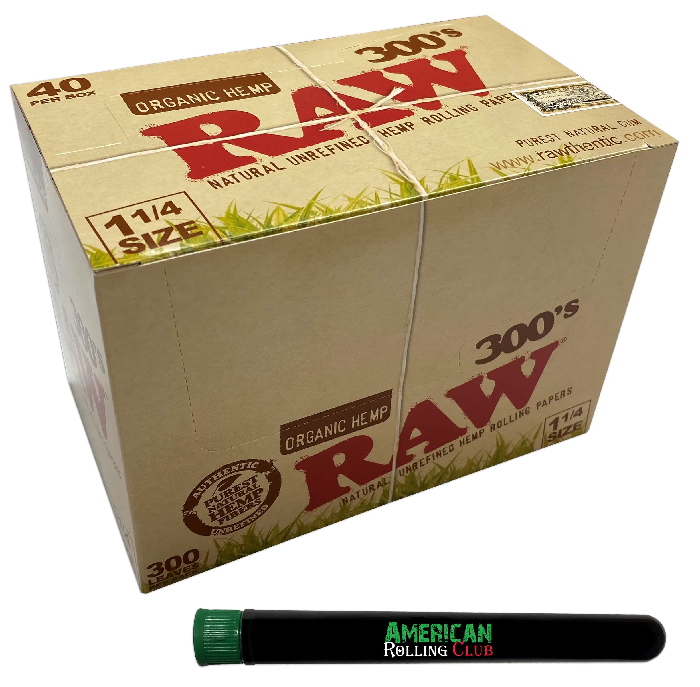 Organic RAW 300's 1 1/4 Size Cigarette Rolling Papers - 40 Packs with Free ARC Saver Tube | Unbleached, Slow Burning | Perfect for Rolling Tobacco, Herbs & DIY Cigarettes at Home or Outdoors