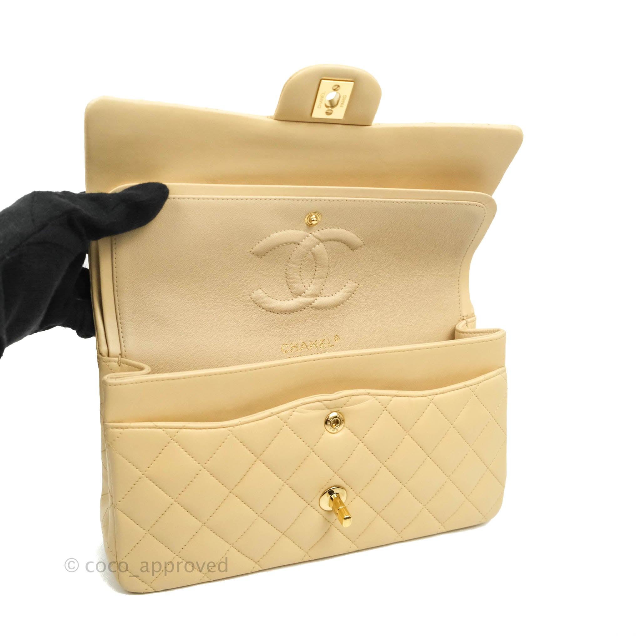 Chanel Classic Medium Double Flap Bag in Beige Lambskin Leather with Gold Hardware - Luxury Designer Handbag for Women, Perfect for Work, Date Night & Special Occasions