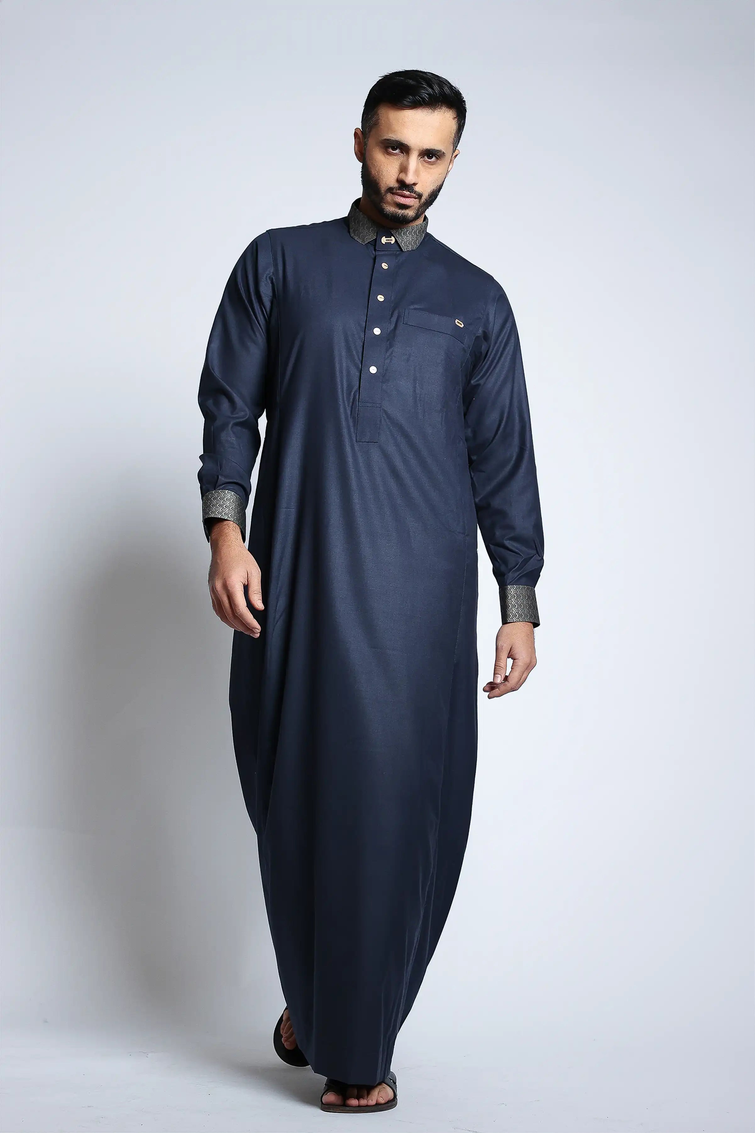 J153 Diplomatic Blue Cutaway Thobe - Premium Embroidered Arabic Robe for Men - Perfect for Weddings, Eid, and Formal Events