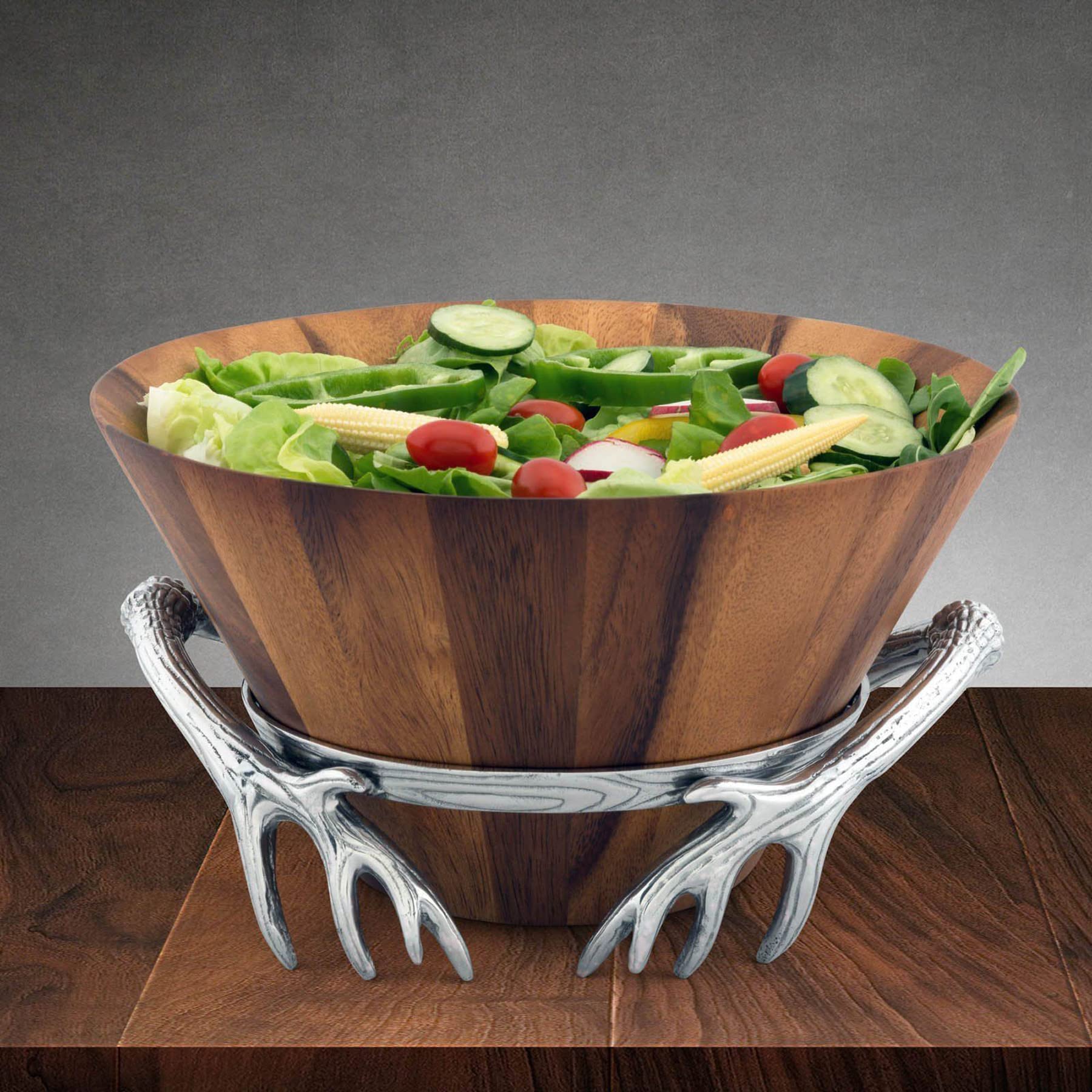 Premium Acacia Wood Salad Bowl with Antler Pattern Aluminum Stand - 8