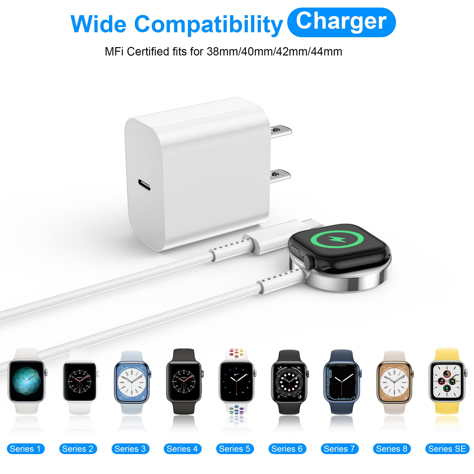 Fast Magnetic Charging Cable for Apple Watch Ultra 2/Ultra/Series 9-1 & SE | 3FT USB-C Compatible with Wall Charger | Perfect for Travel, Gym & Nightstand Charging